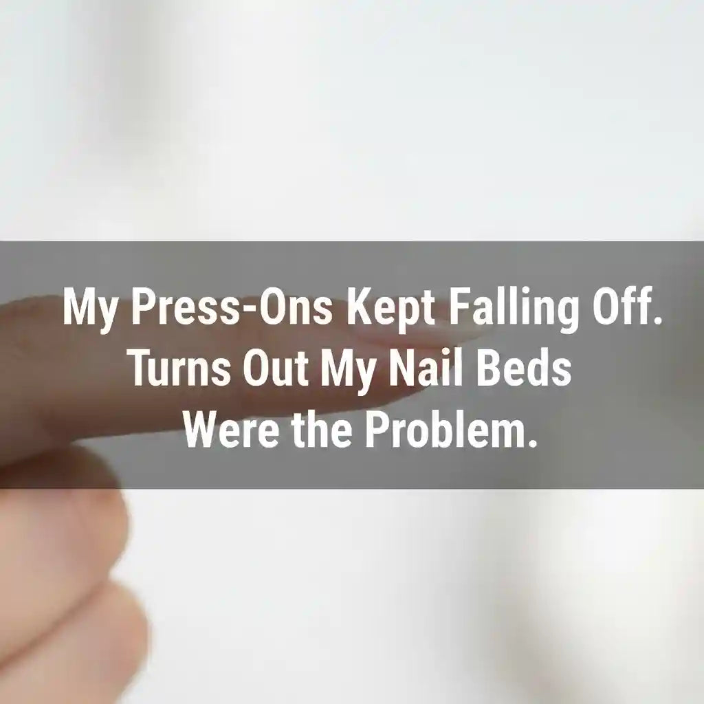 Side profile of a finger showing curved nail bed with press-on nail — My Press-Ons Kept Falling Off. Turns Out My Nail Beds Were the Problem. — MOONLEE