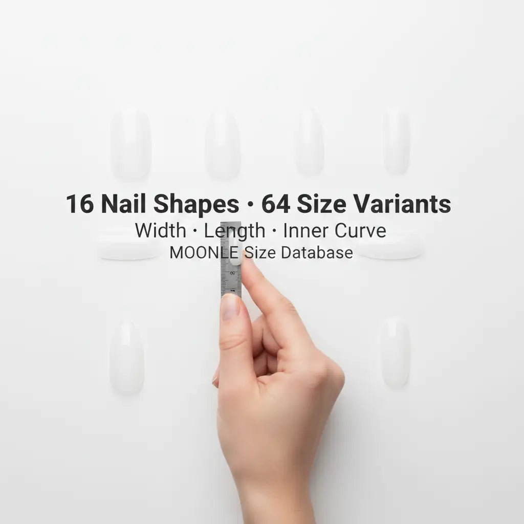 Flat lay of 16 MOONLEE press-on nail shapes arranged around a hand holding a metal ruler, with centered text reading 16 Nail Shapes · 64 Size Variants, Width · Length · Inner Curve, MOONLEE Size Database