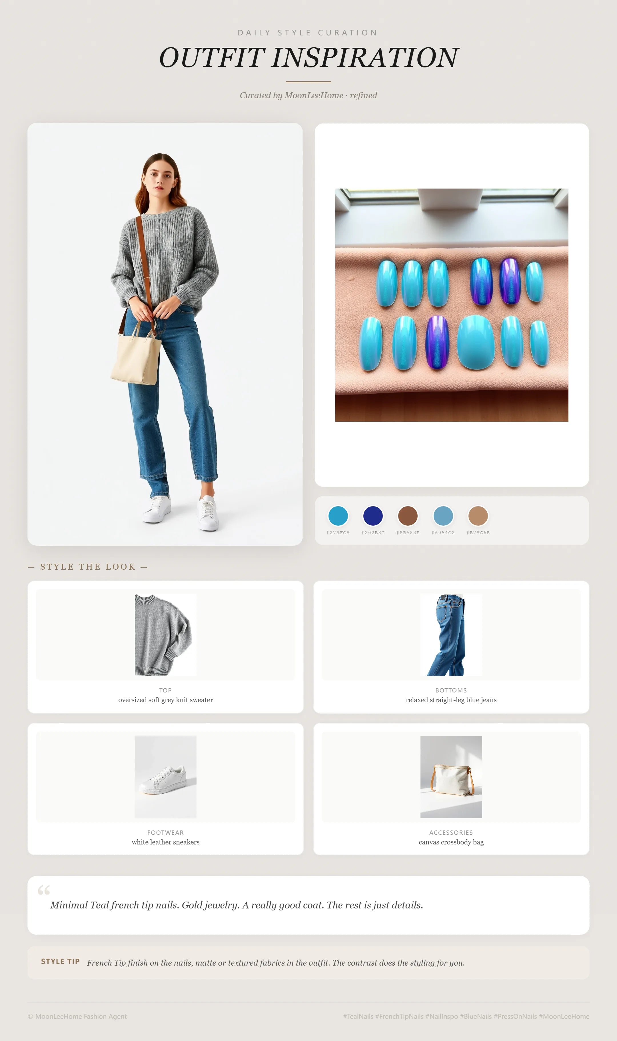 MOONLEE Aurora Veil 3D Press-On Nails paired with oversized soft grey knit sweater, relaxed straight-leg blue jeans, white leather sneakers, canvas crossbody bag — everyday casual look