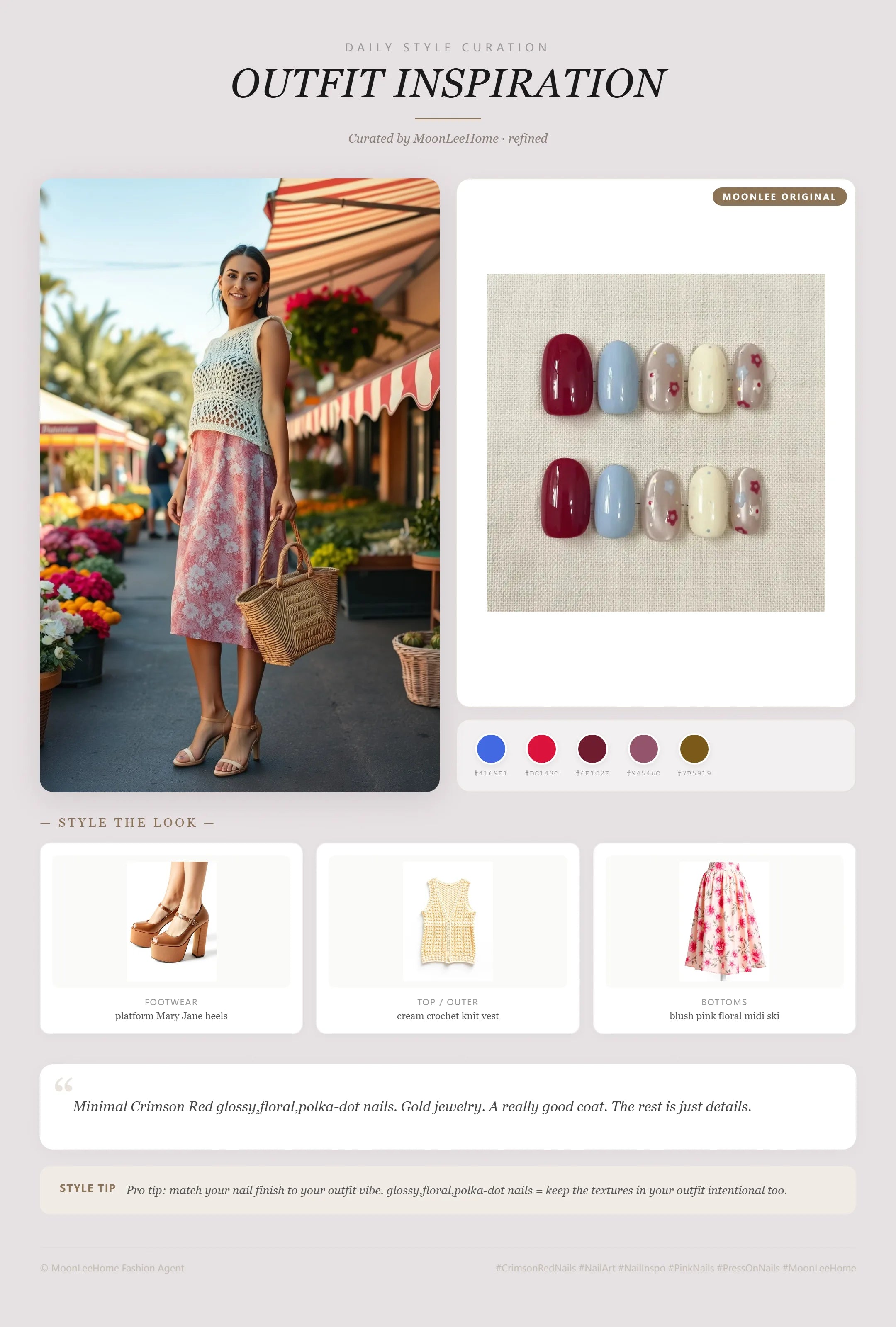 MOONLEE Crimson Red × Royal Blue Playful Press-On Nails paired with cream crochet knit vest, blush pink floral midi skirt, platform Mary Jane heels, woven rattan basket bag fashion inspiration card