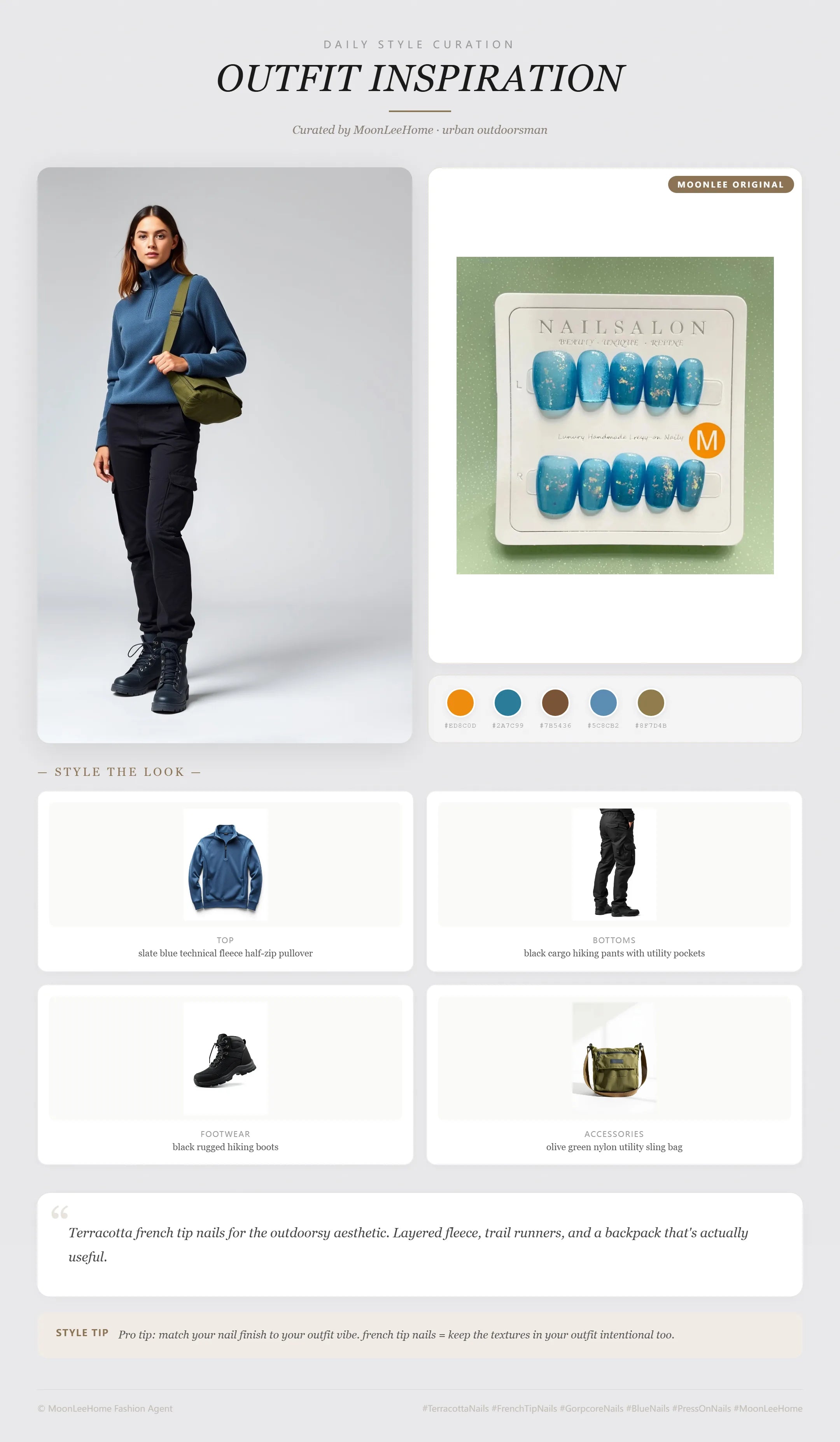 MOONLEE Blue Sorbet Press-On Nails paired with slate blue technical fleece half-zip pullover, black cargo hiking pants, black rugged hiking boots, olive green nylon utility sling bag — gorpcore everyday outfit inspiration