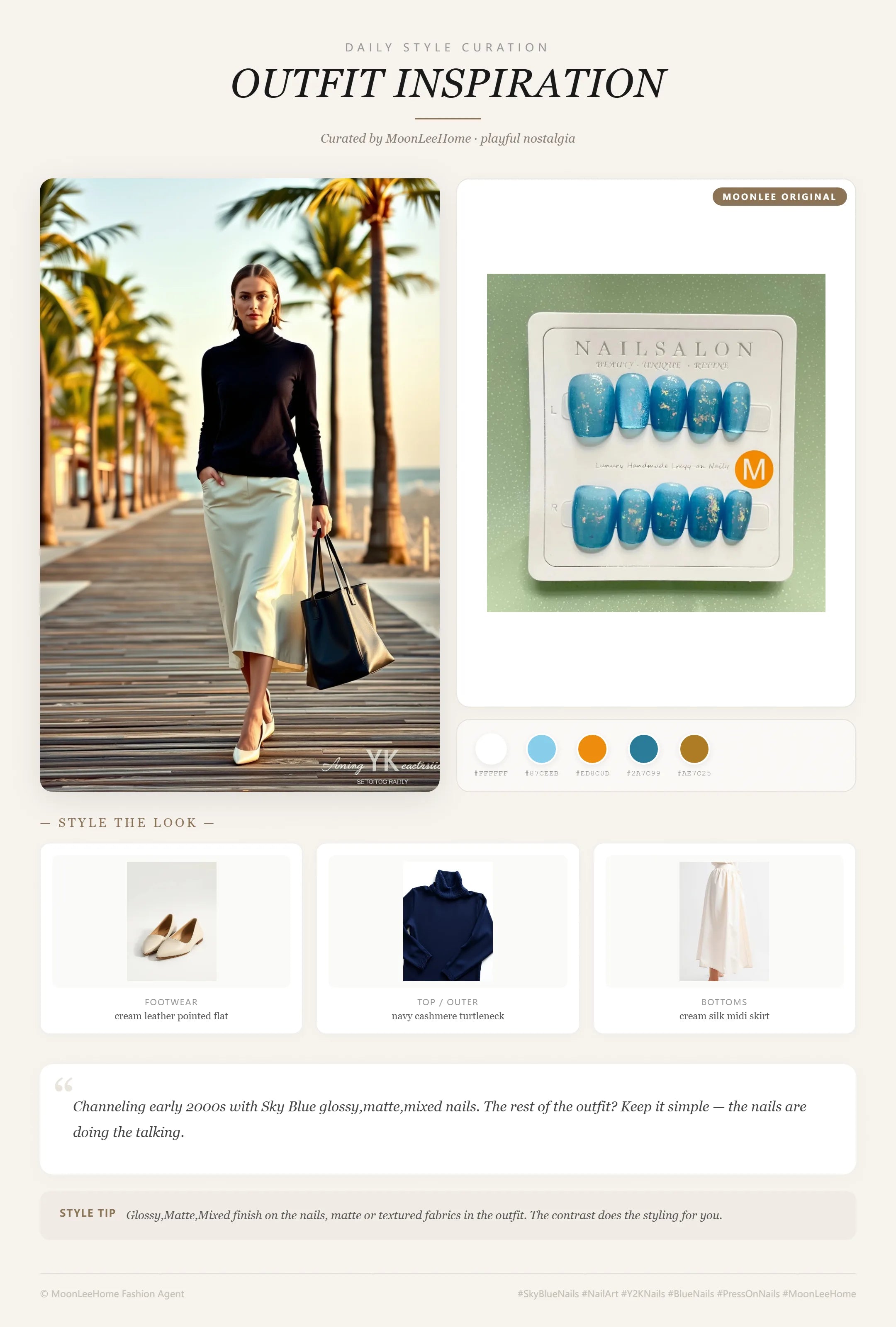 MOONLEE Sky Blue × White Y2K Press-On Nails paired with navy cashmere turtleneck, cream silk midi skirt, cream leather pointed flats, navy structured leather tote fashion inspiration card