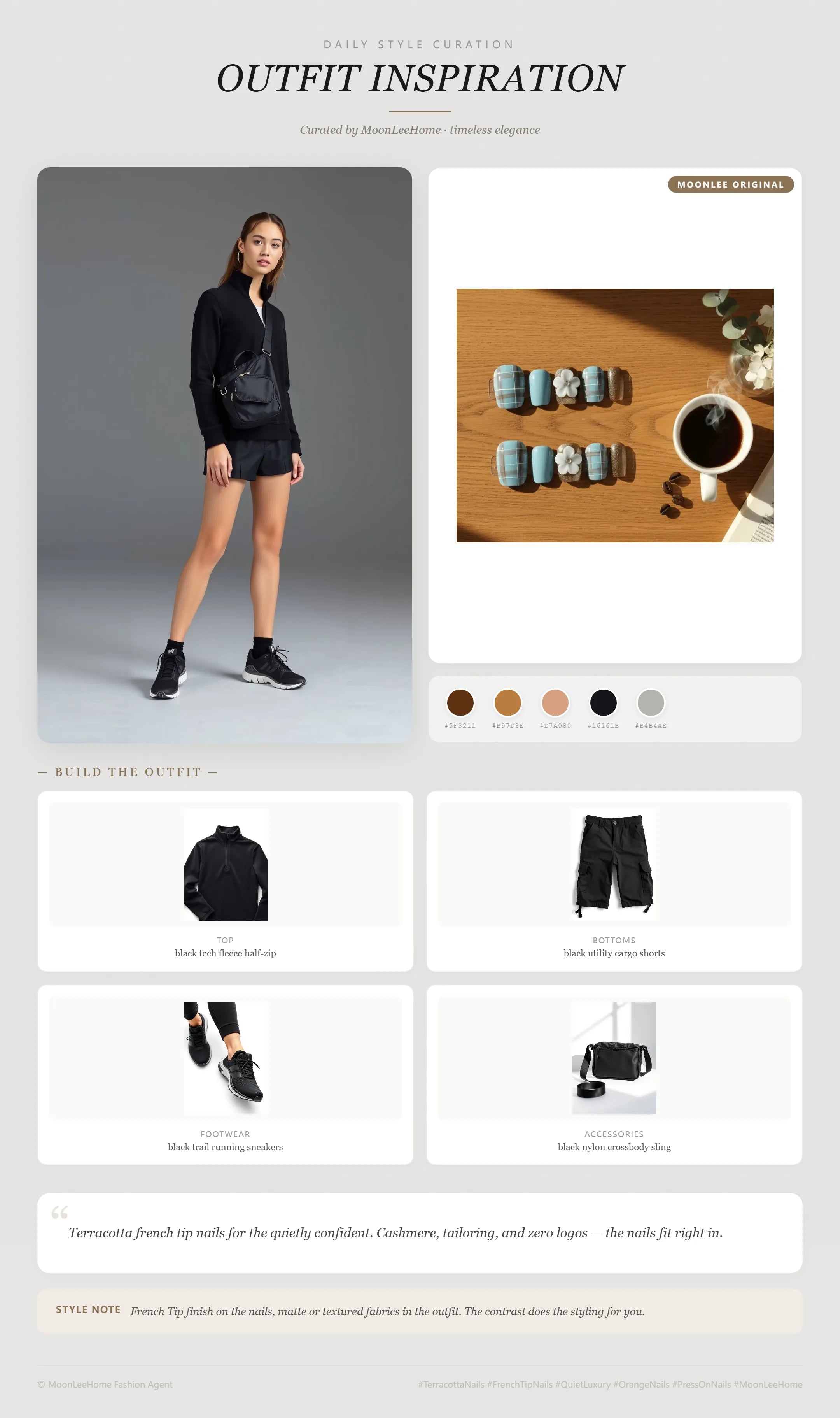 MOONLEE Blueberry Toffee Tart press-on nails styled with black tech fleece half-zip, black utility cargo shorts, and black trail running sneakers on a hiking trail