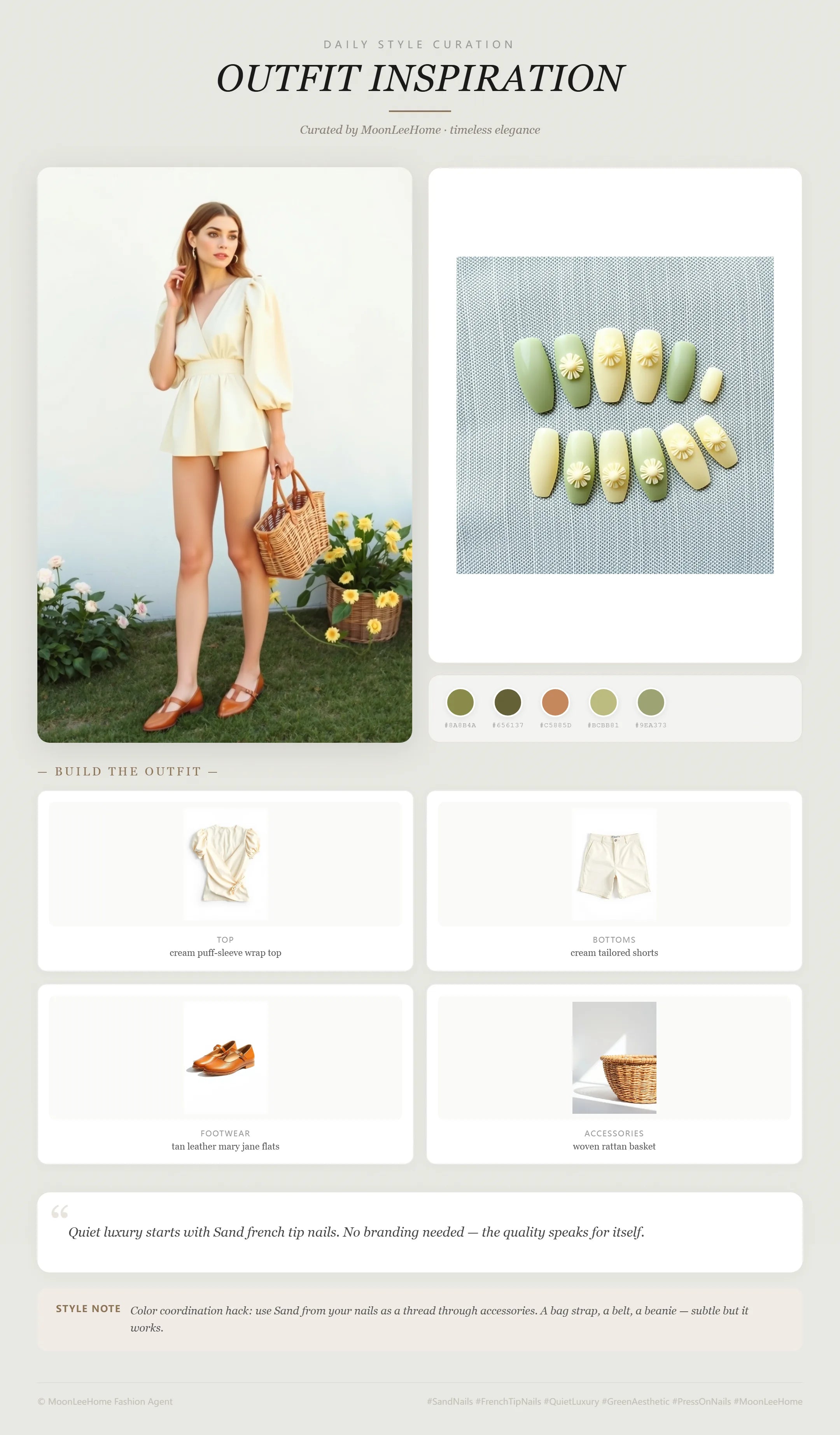 MOONLEE Botanical Daisy 3D press-on nails styled with cream puff-sleeve wrap top, cream tailored shorts, tan leather mary jane flats, and woven rattan basket for a garden party look