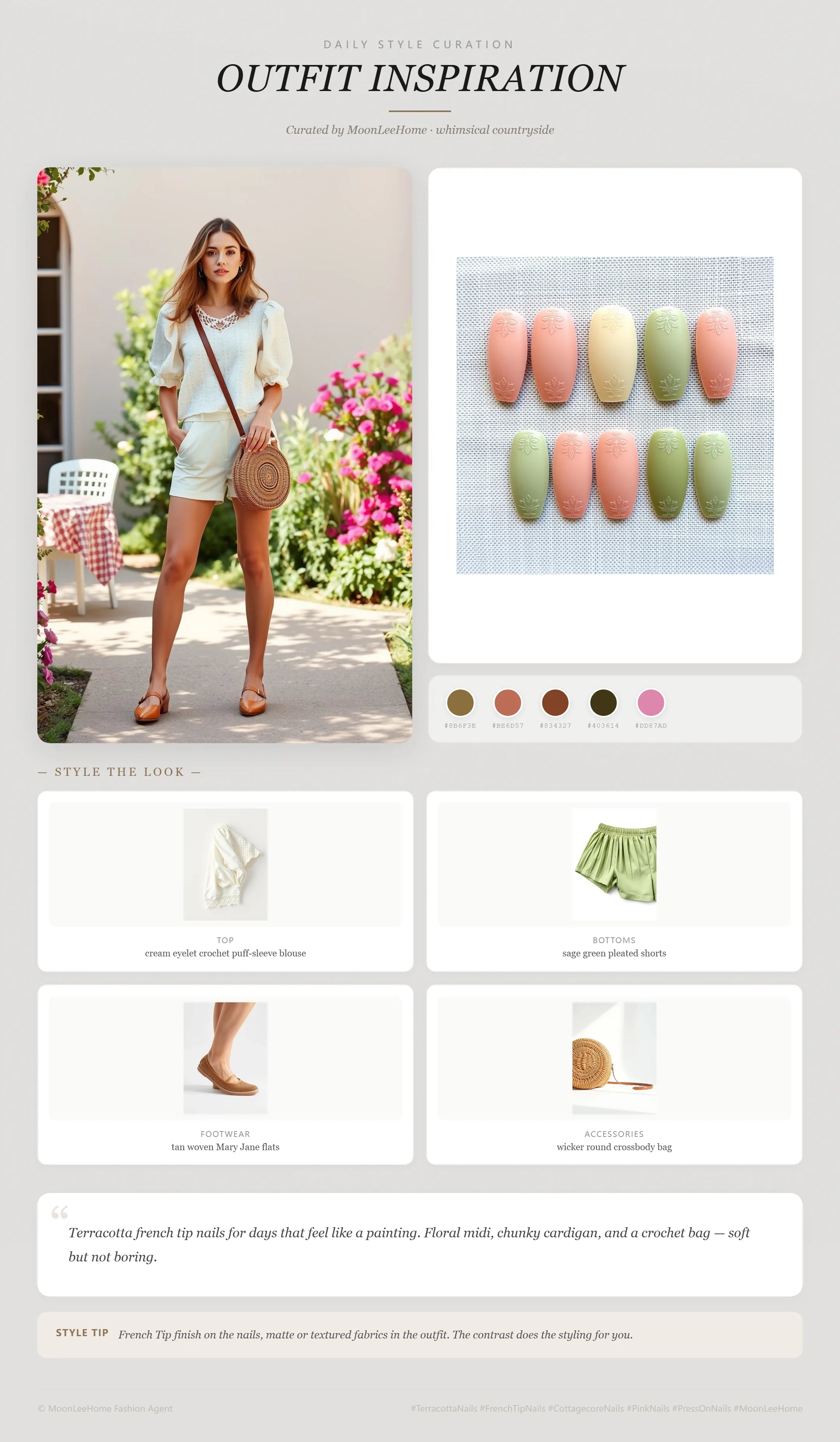 MOONLEE Terracotta × Blush Pink Cottagecore Press-On Nails paired with cream eyelet crochet puff-sleeve blouse, sage green pleated shorts, tan woven Mary Jane flats, wicker round crossbody bag fashion inspiration card