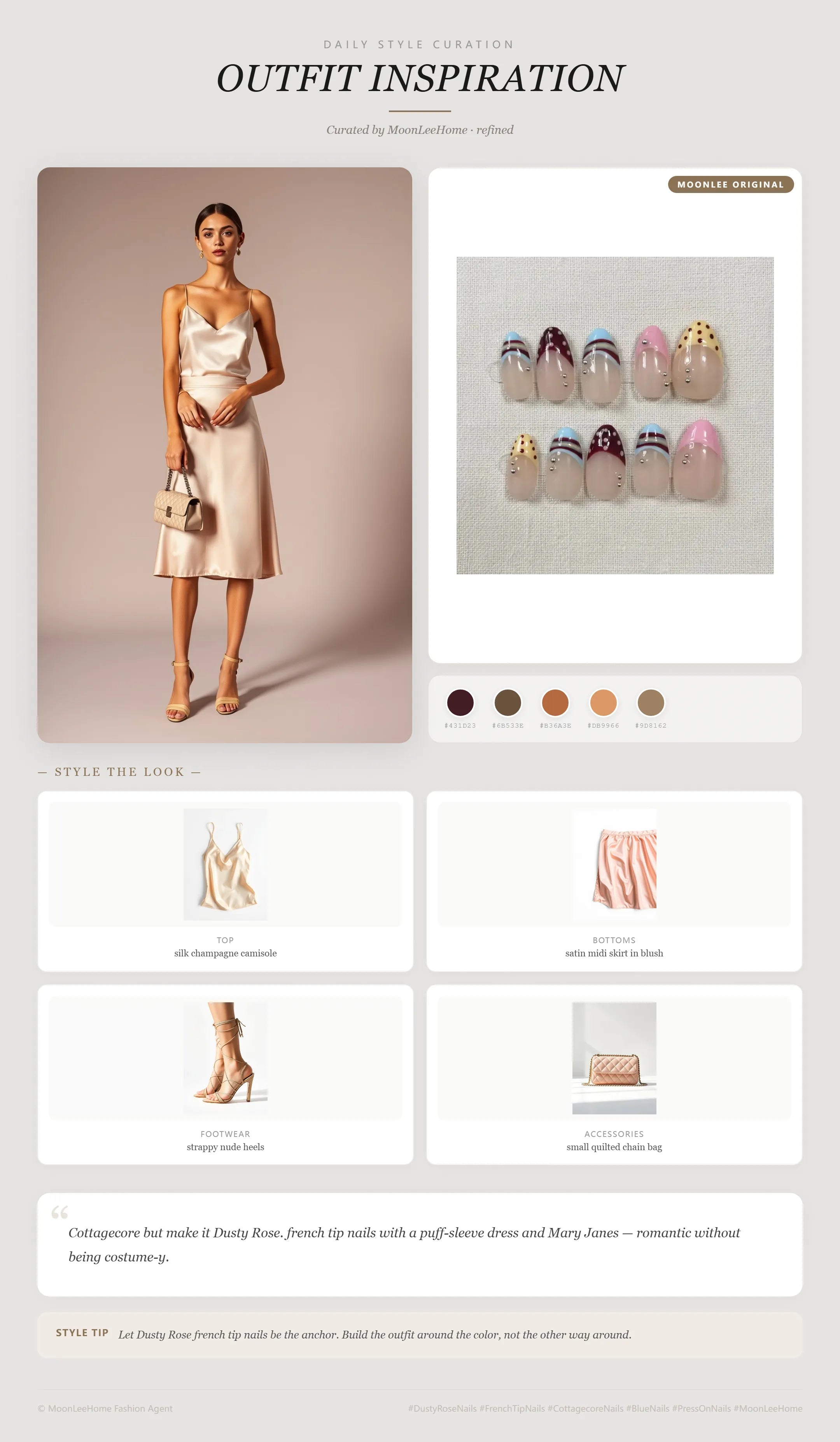 MOONLEE Candy French Press-On Nails paired with silk champagne camisole, satin midi skirt in blush, strappy nude heels, small quilted chain bag — date night look