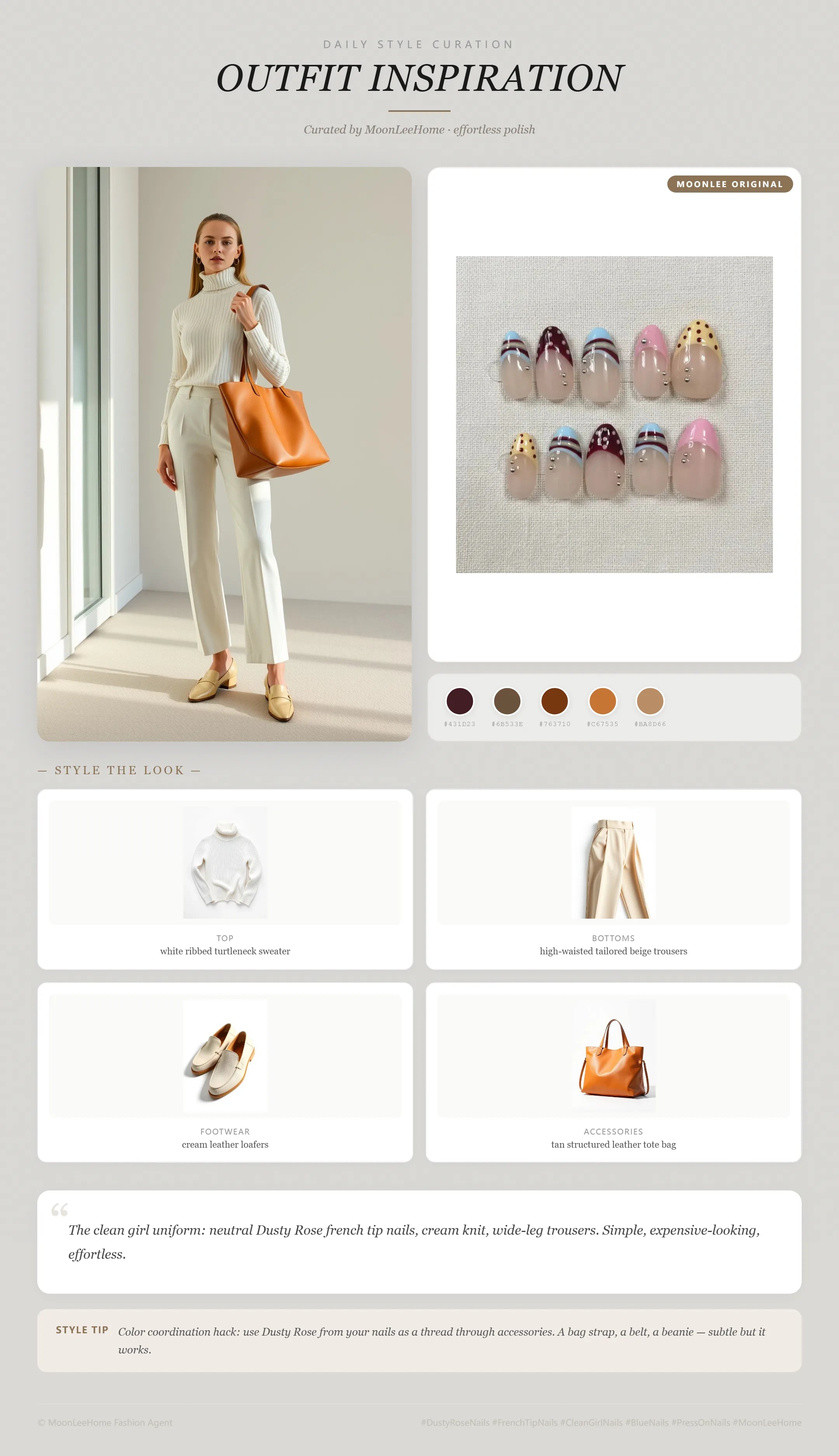 MOONLEE Dusty Rose × Peach Clean Girl Press-On Nails paired with white ribbed turtleneck sweater, high-waisted tailored beige trousers, cream leather loafers, tan structured leather tote bag fashion inspiration card