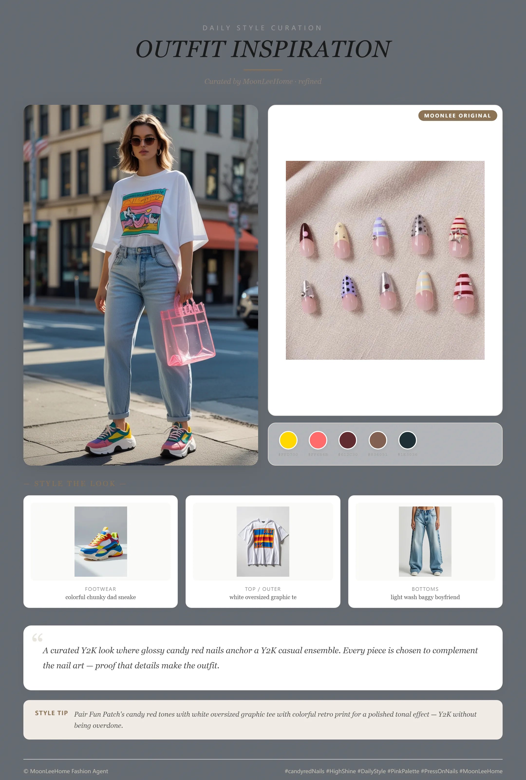 MOONLEE Fun Patch Y2K playful multicolor nails paired with white oversized graphic tee, light wash baggy boyfriend jeans, colorful chunky dad sneakers and translucent candy pink jelly tote — everyday street outfit inspiration