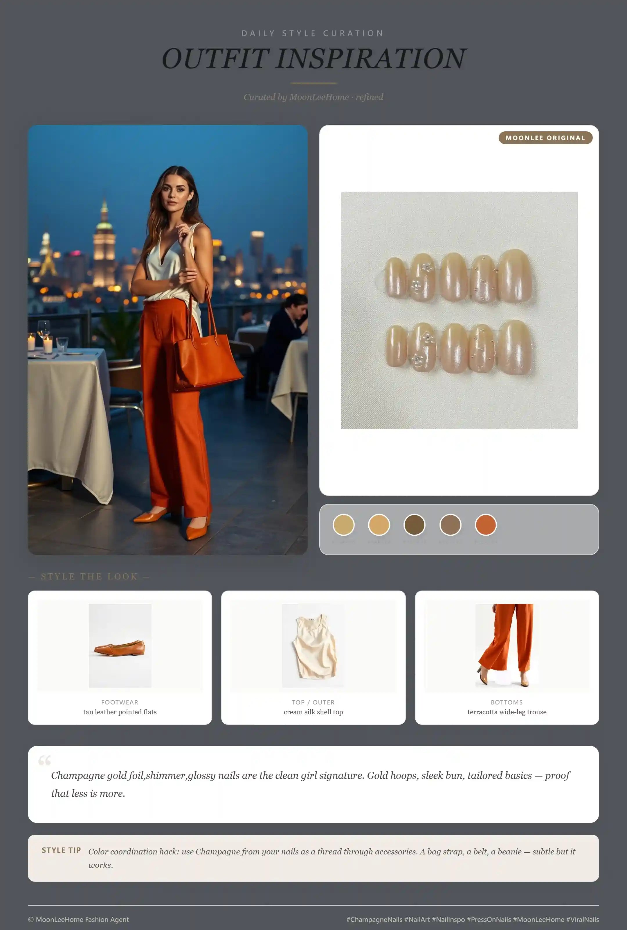 MOONLEE Champagne × Gold Foil Quiet Luxury Press-On Nails paired with cream silk shell top, terracotta wide-leg trousers, tan leather pointed flats, rust orange suede tote fashion inspiration card
