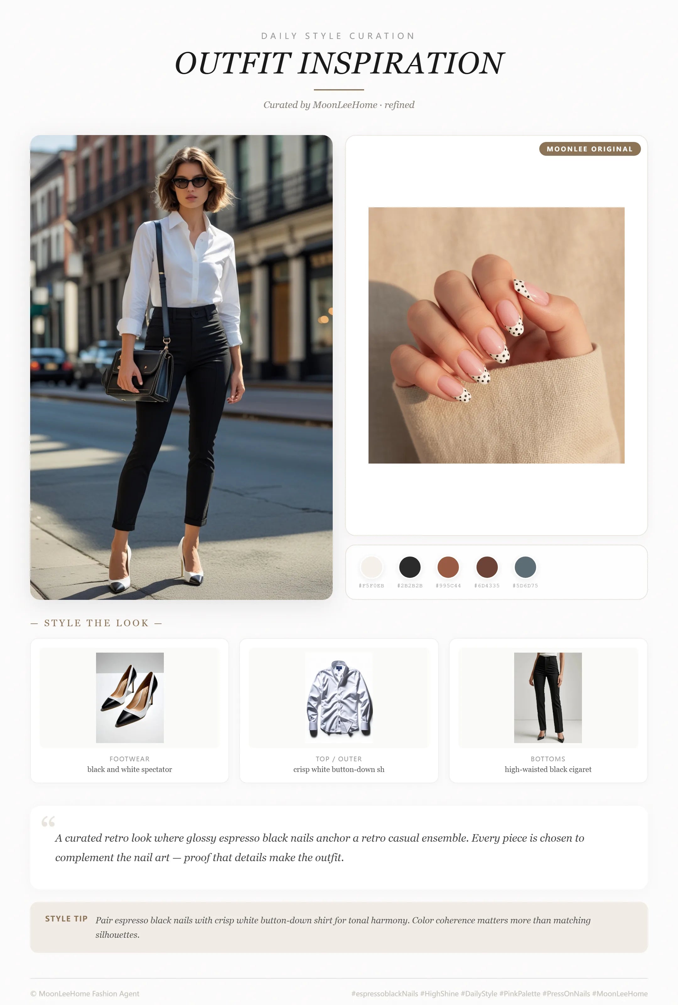 MOONLEE espresso black × vanilla cream Retro Press-On Nails paired with crisp white button-down shirt, high-waisted black cigarette trousers, black and white spectator pumps, structured black leather crossbody bag fashion inspiration card