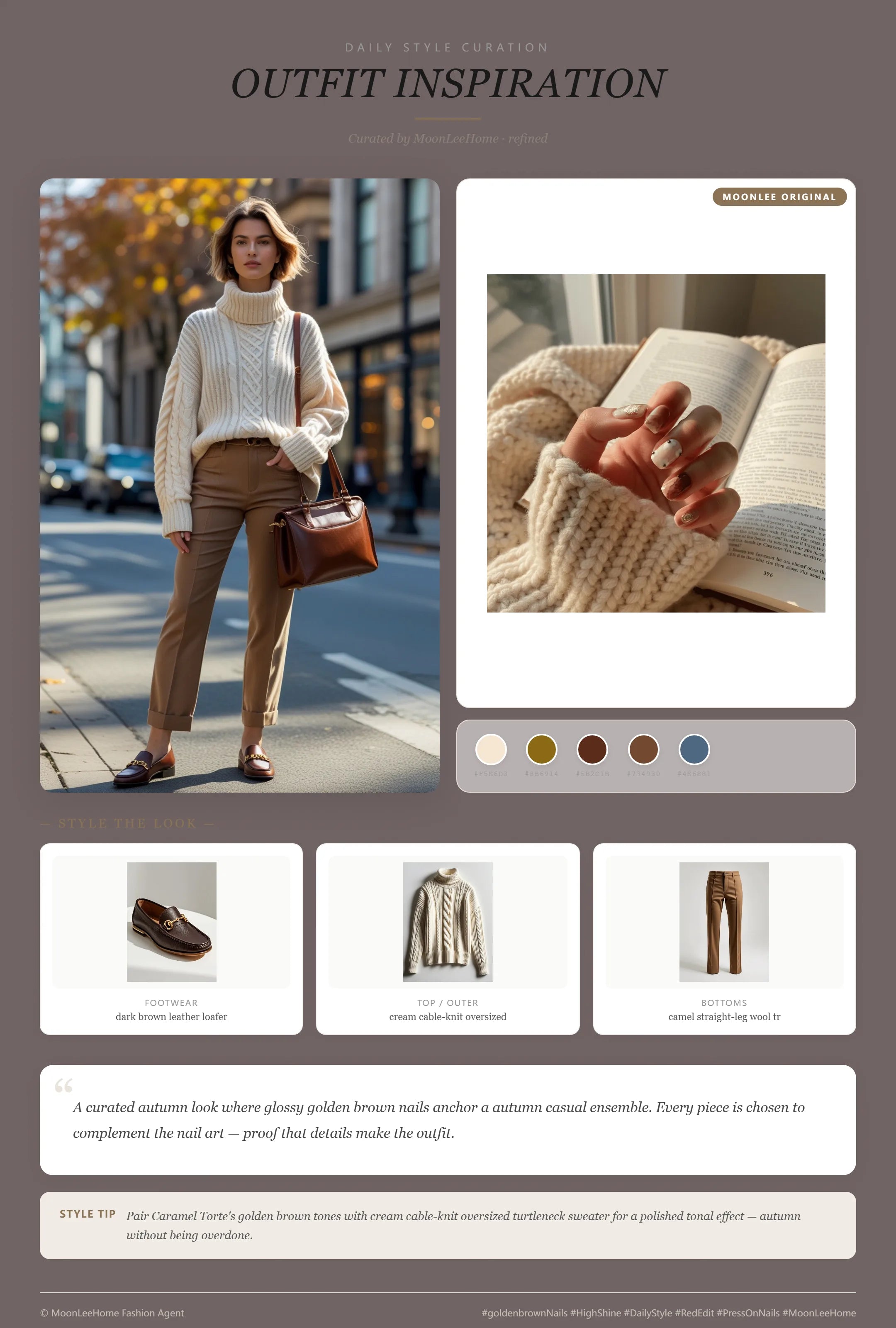 MOONLEE Caramel Torte marble gold foil nails paired with cream cable-knit turtleneck, camel wool trousers, brown leather loafers and structured cognac shoulder bag — autumn cozy outfit inspiration