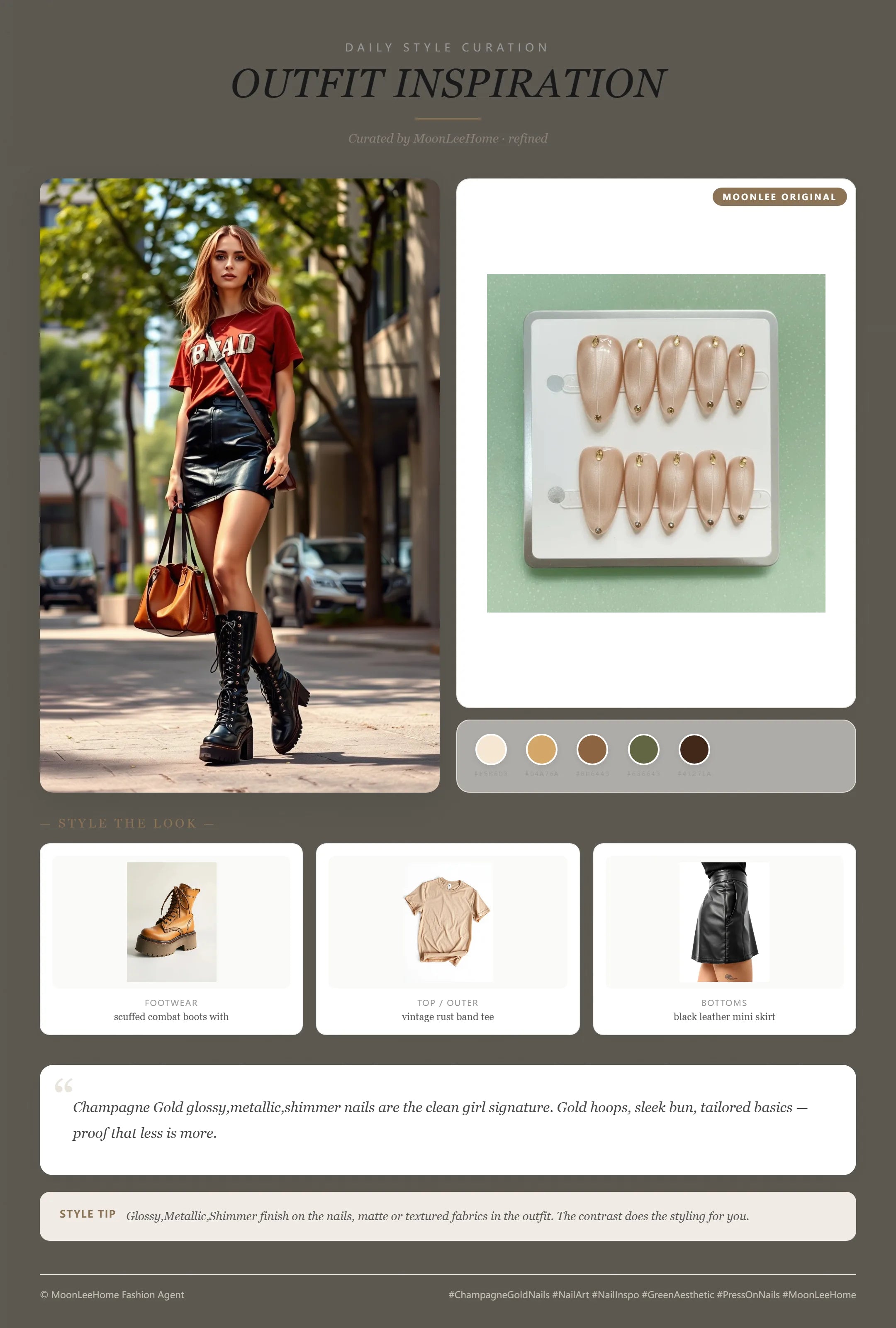 MOONLEE Champagne Gold × Champagne Indie Sleaze Press-On Nails paired with vintage rust band tee, black leather mini skirt, scuffed combat boots with platform, worn brown crossbody bag fashion inspiration card