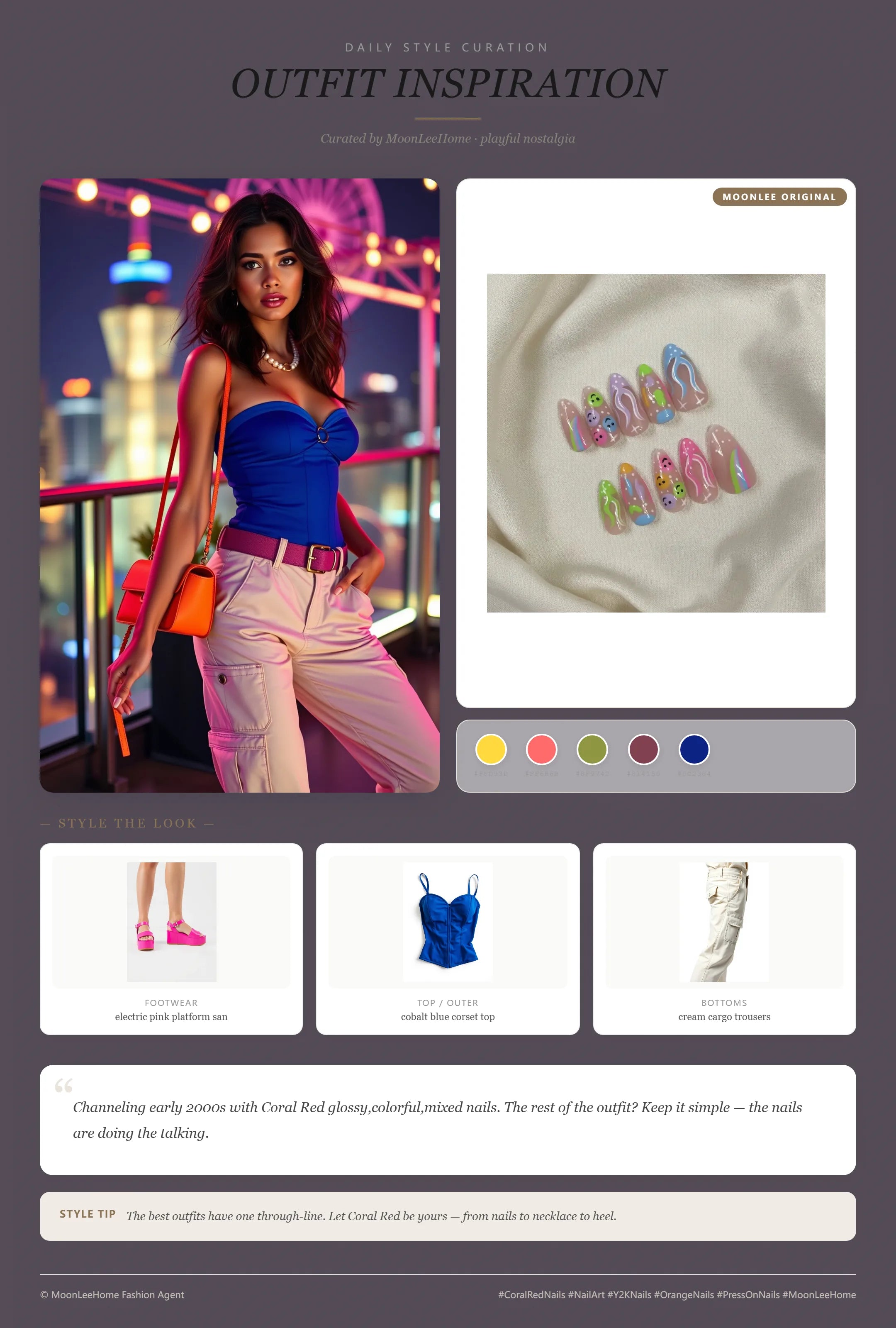 MOONLEE Coral Red × Sunshine Yellow Y2K Press-On Nails paired with cobalt blue corset top, cream cargo trousers, electric pink platform sandals, tangerine mini shoulder bag fashion inspiration card