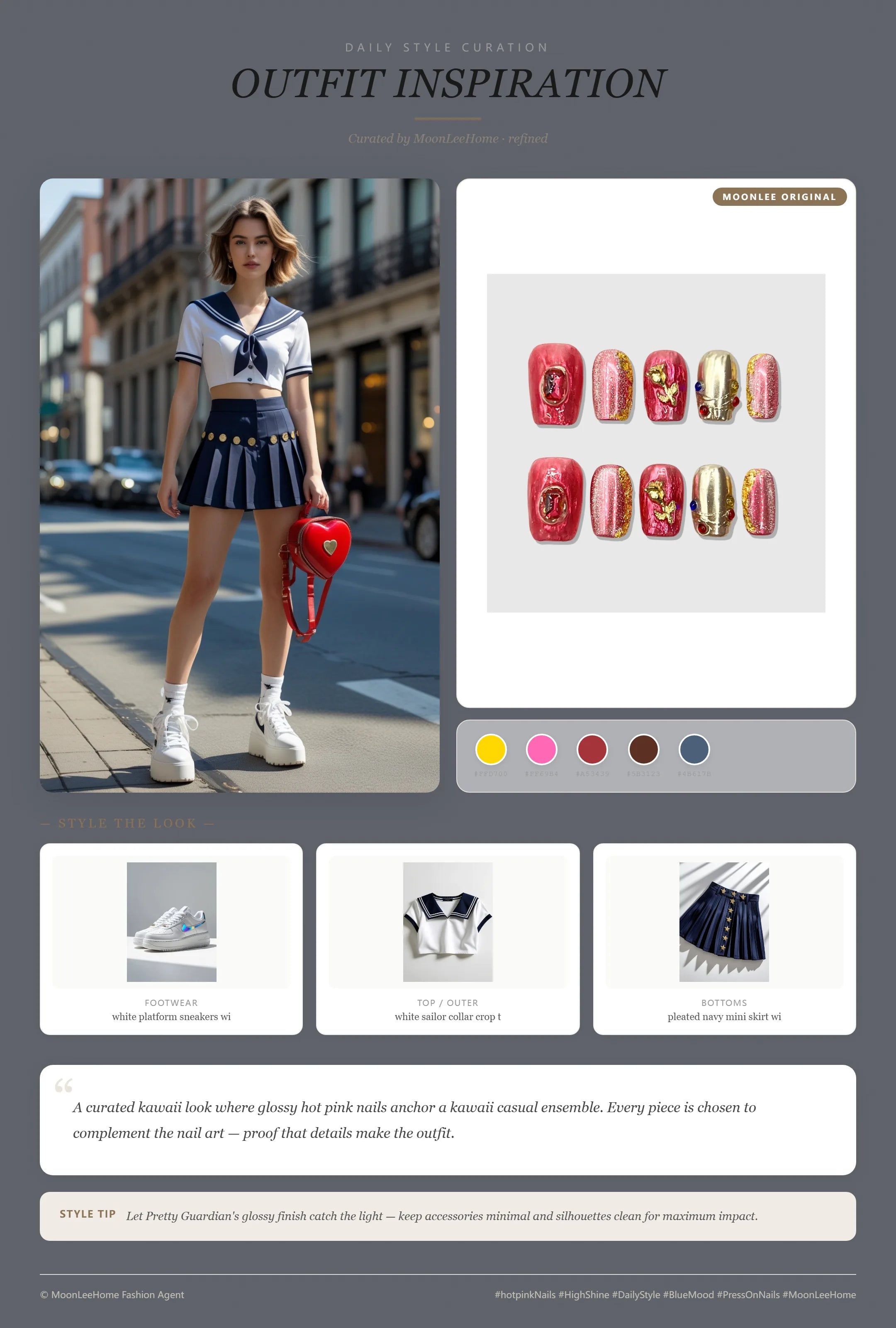 MOONLEE Pretty Guardian sailor moon nails paired with white sailor collar crop top, navy pleated mini skirt, white platform sneakers and red heart-shaped mini backpack — kawaii party outfit inspiration