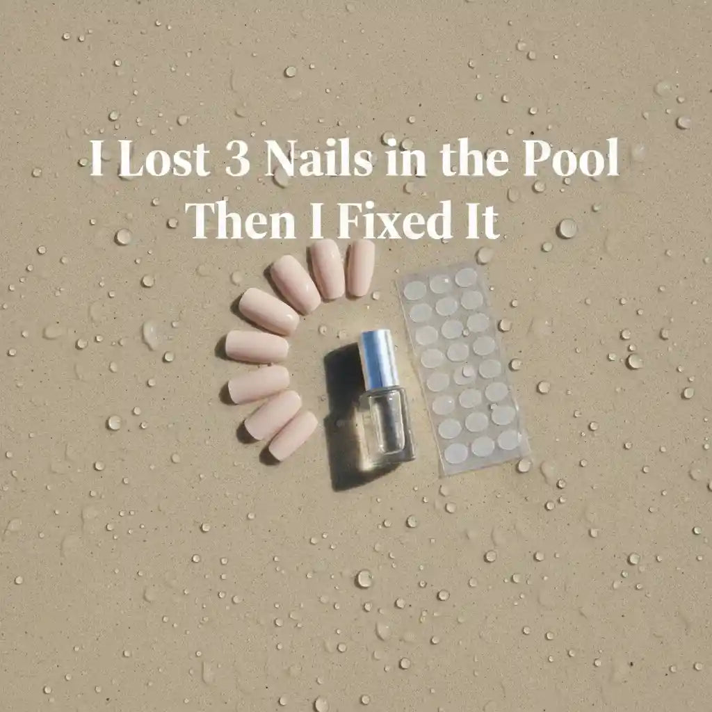 Press-on nails flat lay on poolside surface with water droplets — I Lost 3 Nails in the Pool. Then I Fixed It. | MOONLEE