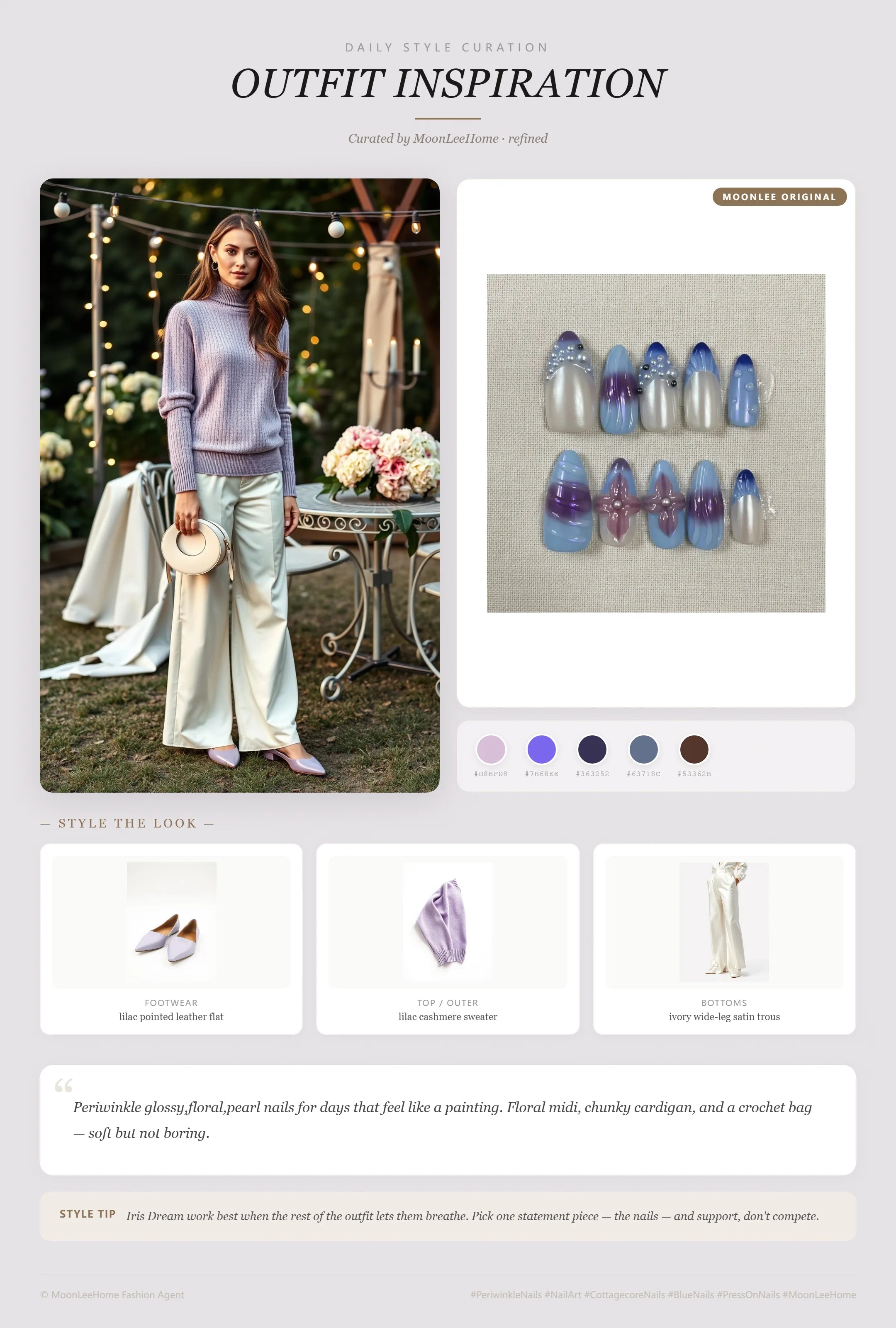 MOONLEE Periwinkle × Thistle Romantic Press-On Nails paired with lilac cashmere sweater, ivory wide-leg satin trousers, lilac pointed leather flats, cream leather crescent bag fashion inspiration card