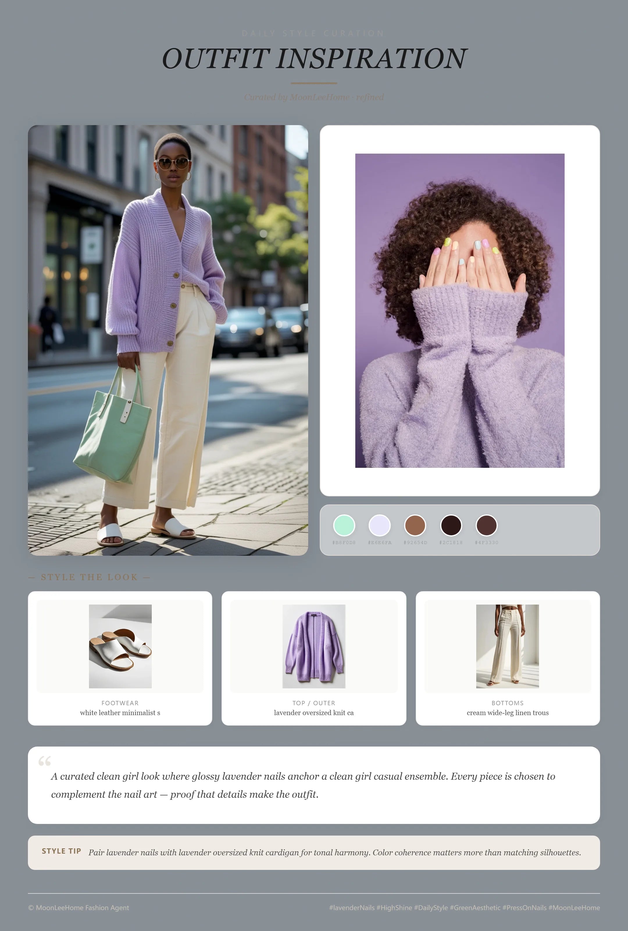 Trend: Real pastel swirl nails with lavender, mint and peach abstract patterns, paired with lavender cardigan, cream trousers, white sandals and mint tote — soft brunch aesthetic 2026
