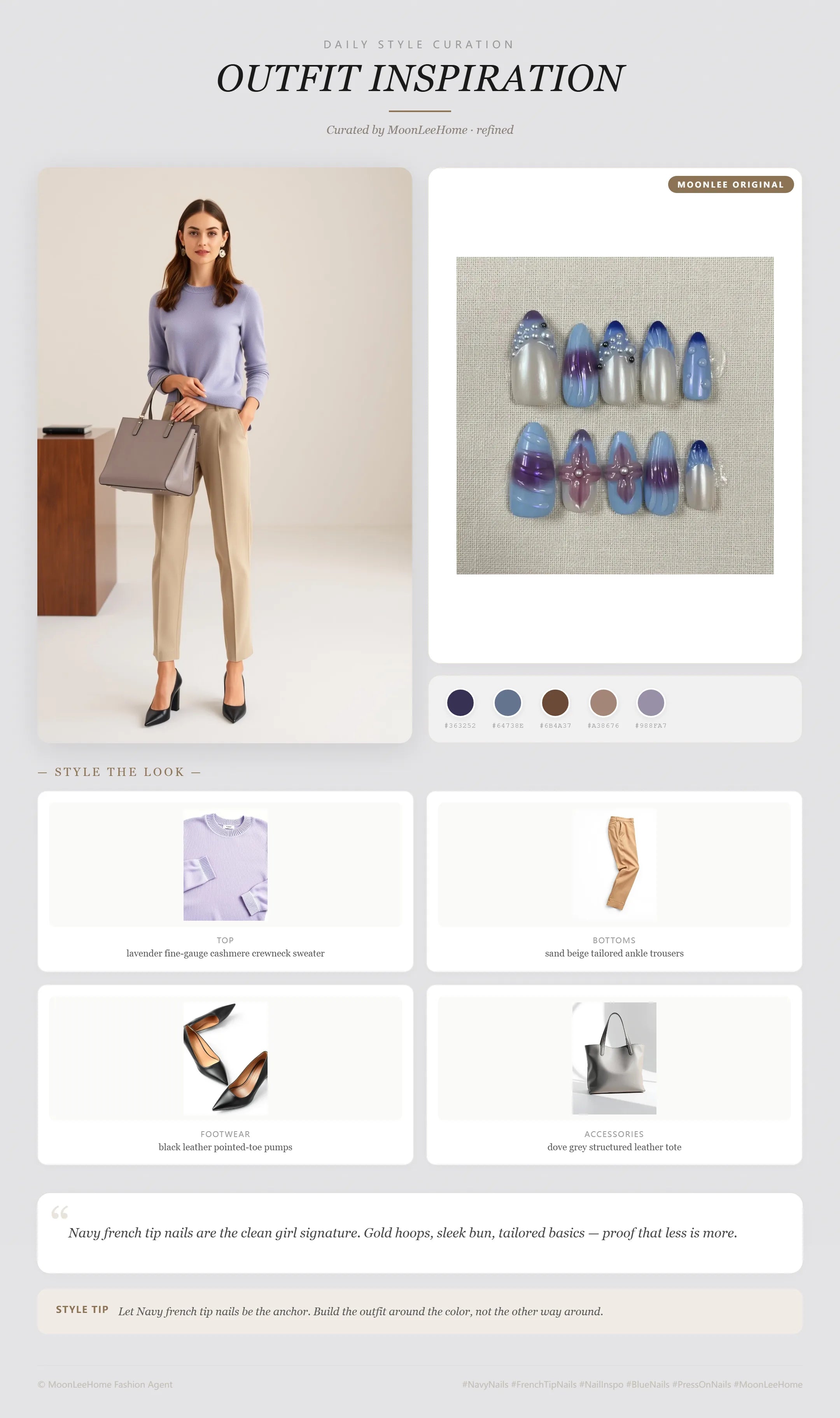 MOONLEE Iris Dream Press-On Nails paired with lavender cashmere crewneck and sand beige trousers — office outfit inspiration