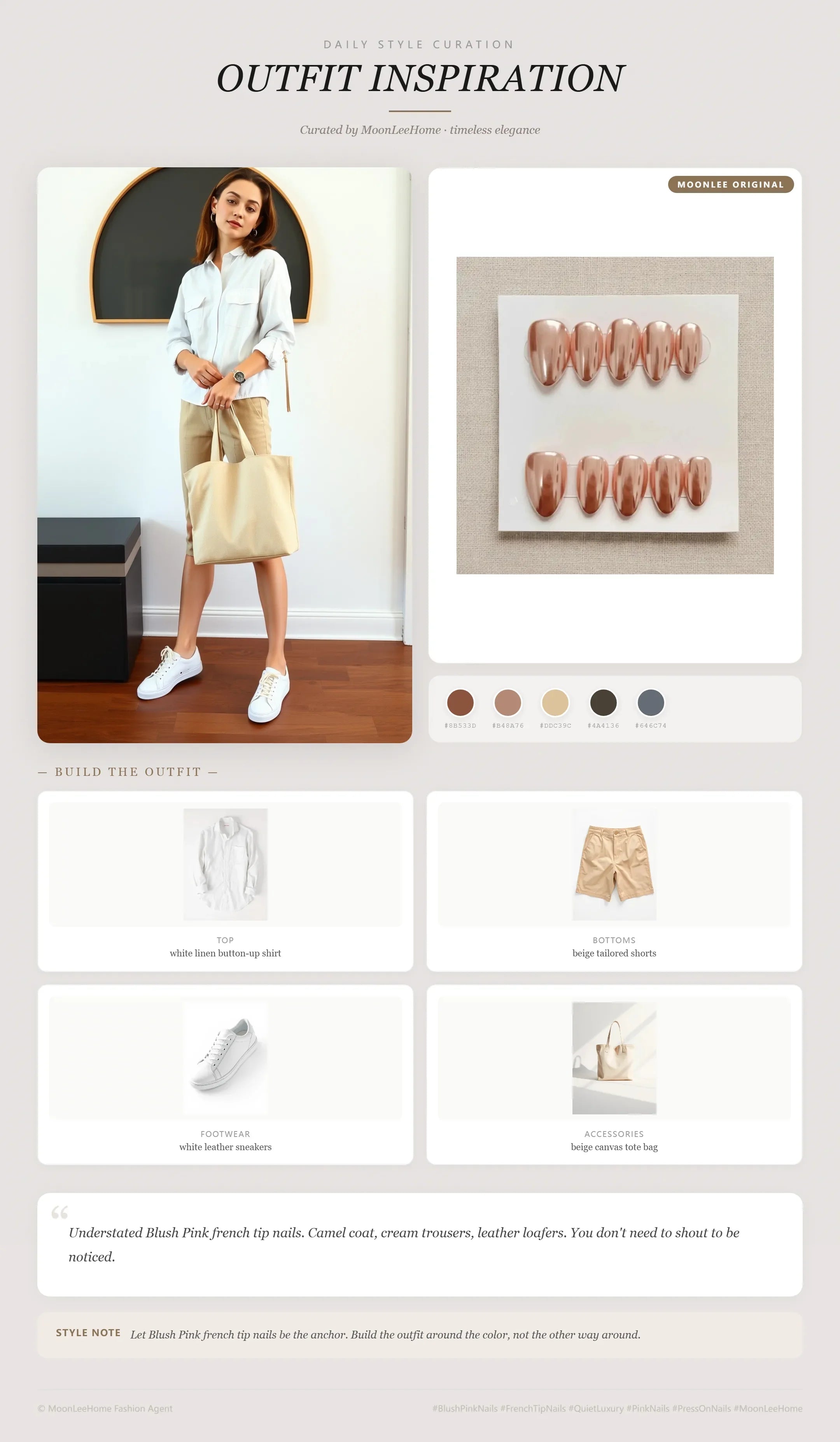 MOONLEE Lychee Cotta press-on nails styled with white linen button-up shirt, beige tailored shorts, and white leather sneakers for an office look