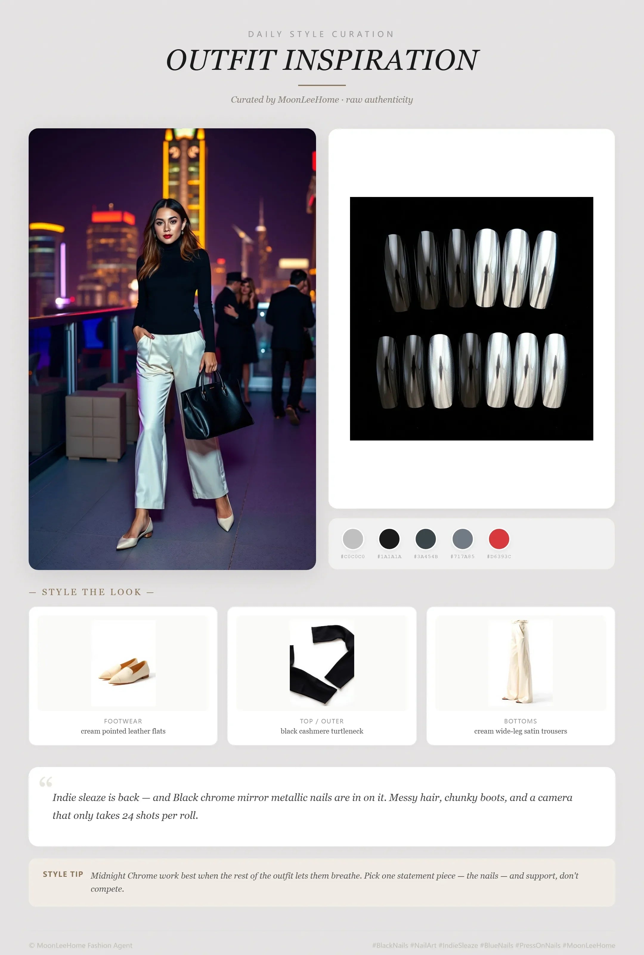 MOONLEE Black × Silver Indie Sleaze Press-On Nails paired with black cashmere turtleneck, cream wide-leg satin trousers, cream pointed leather flats, black structured leather tote fashion inspiration card