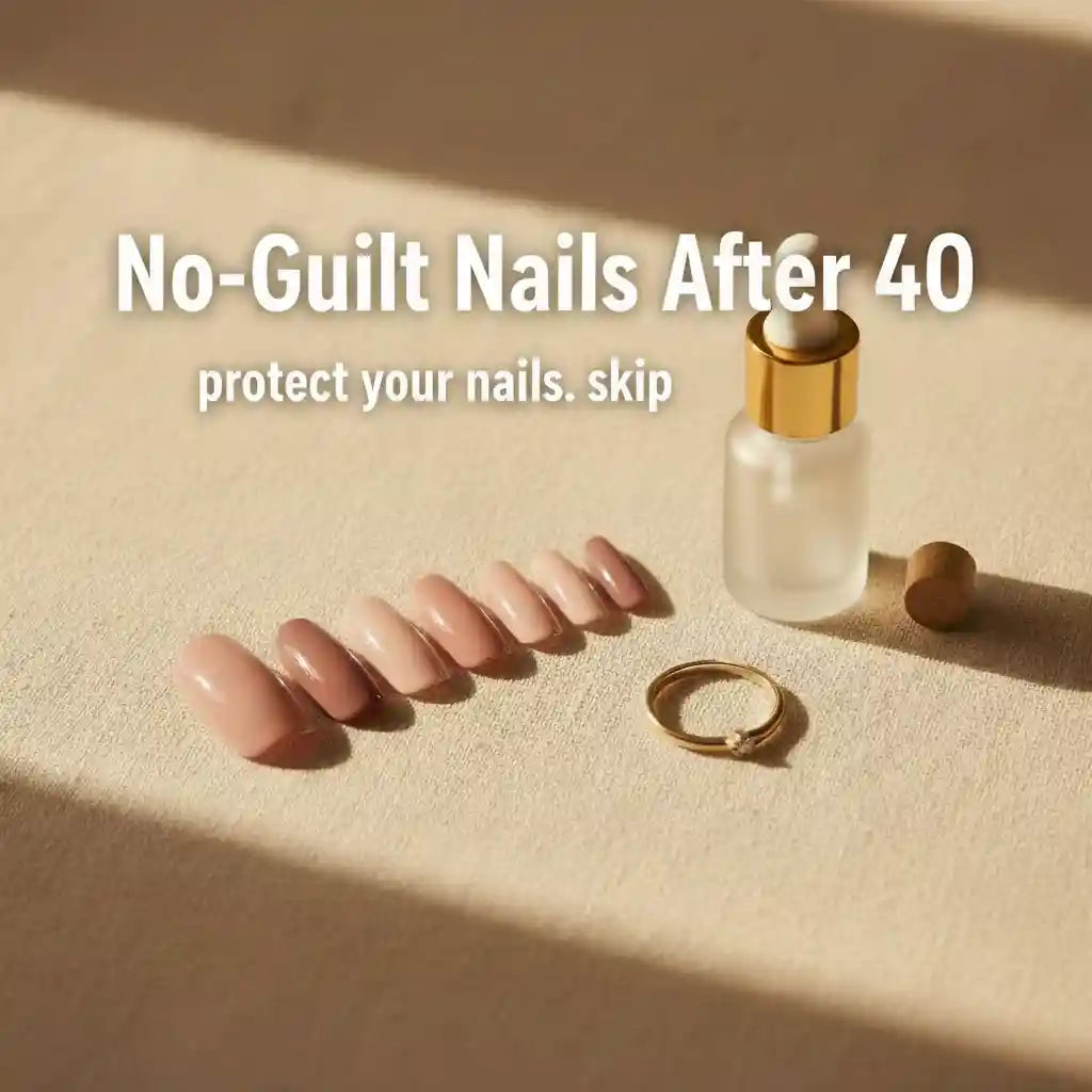 Short almond neutral rose press-on nails on a warm cream linen surface with nail oil and a gold ring — no-guilt nails after 40, MOONLEE