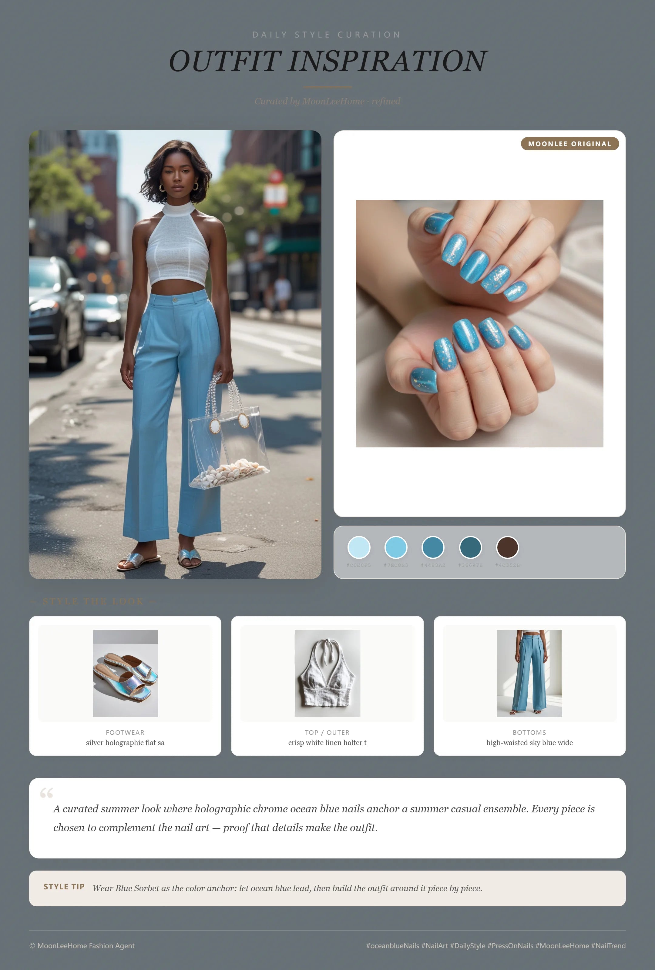 MOONLEE Blue Sorbet holographic chrome press-on nails paired with crisp white linen halter top, sky blue wide-leg pants, silver holographic sandals and iridescent beach tote — weekend outfit inspiration