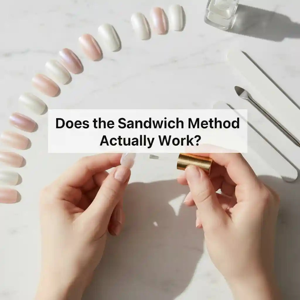 Hands applying a press-on nail with tools and nail tips arranged on white marble surface, with text overlay: Does the Sandwich Method Actually Work? — MOONLEE press-on nail glue and tabs tutorial