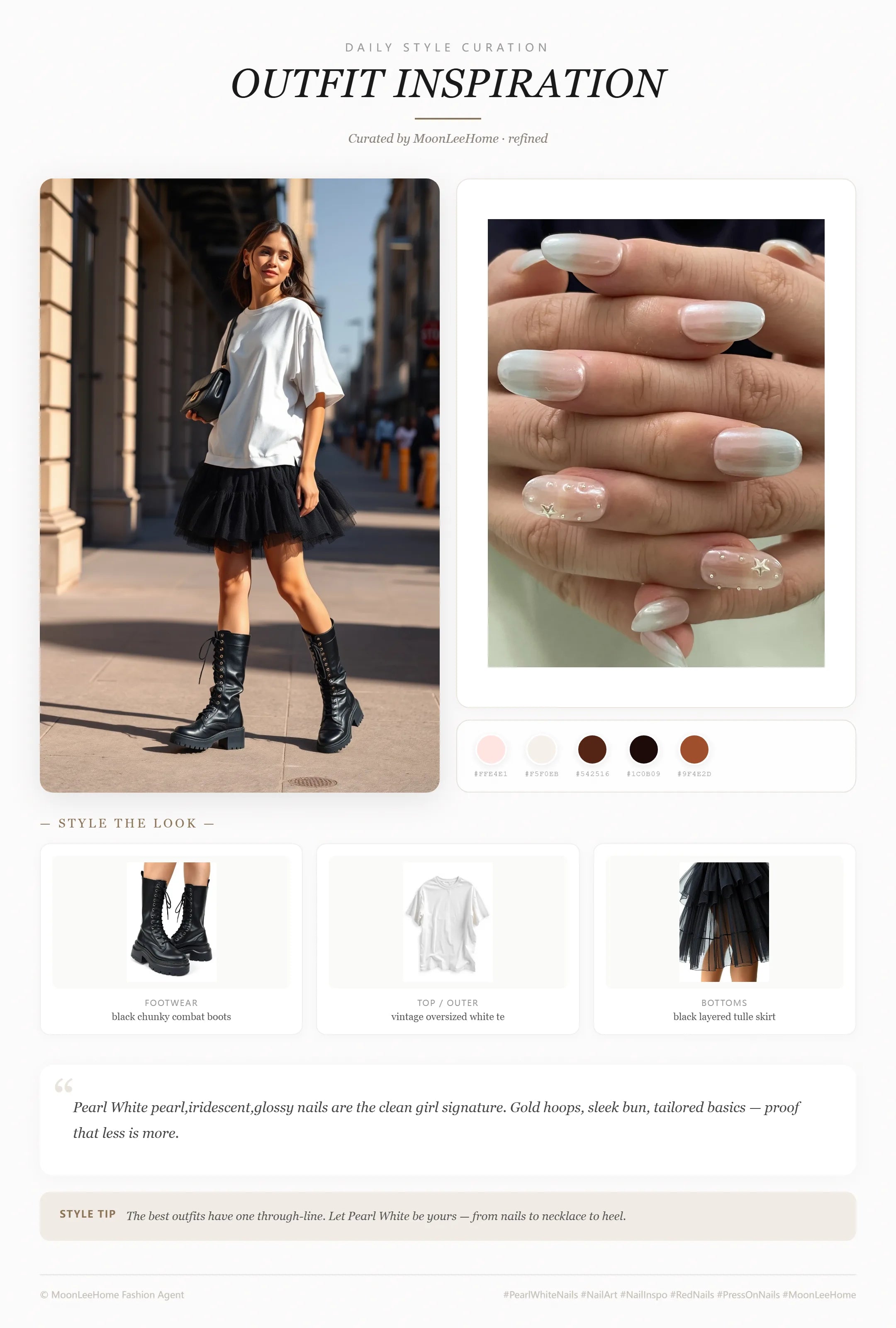 MOONLEE Pearl White × Sheer Pink Clean Girl Press-On Nails paired with vintage oversized white tee, black layered tulle skirt, black chunky combat boots, worn black crossbody bag fashion inspiration card
