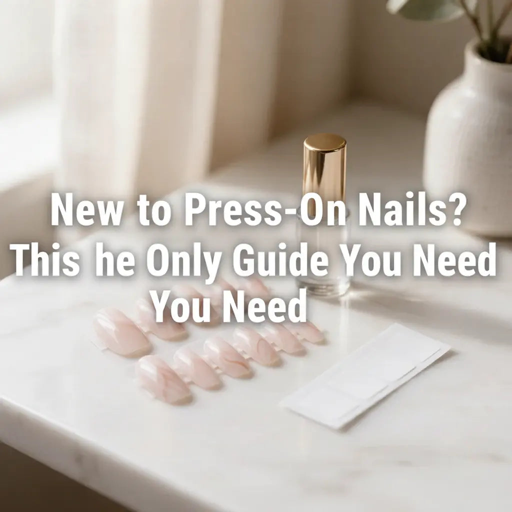 Press-on nail collection laid out on marble surface with adhesive tabs and nail glue beside them, beginner press-on nails kit setup | MOONLEE