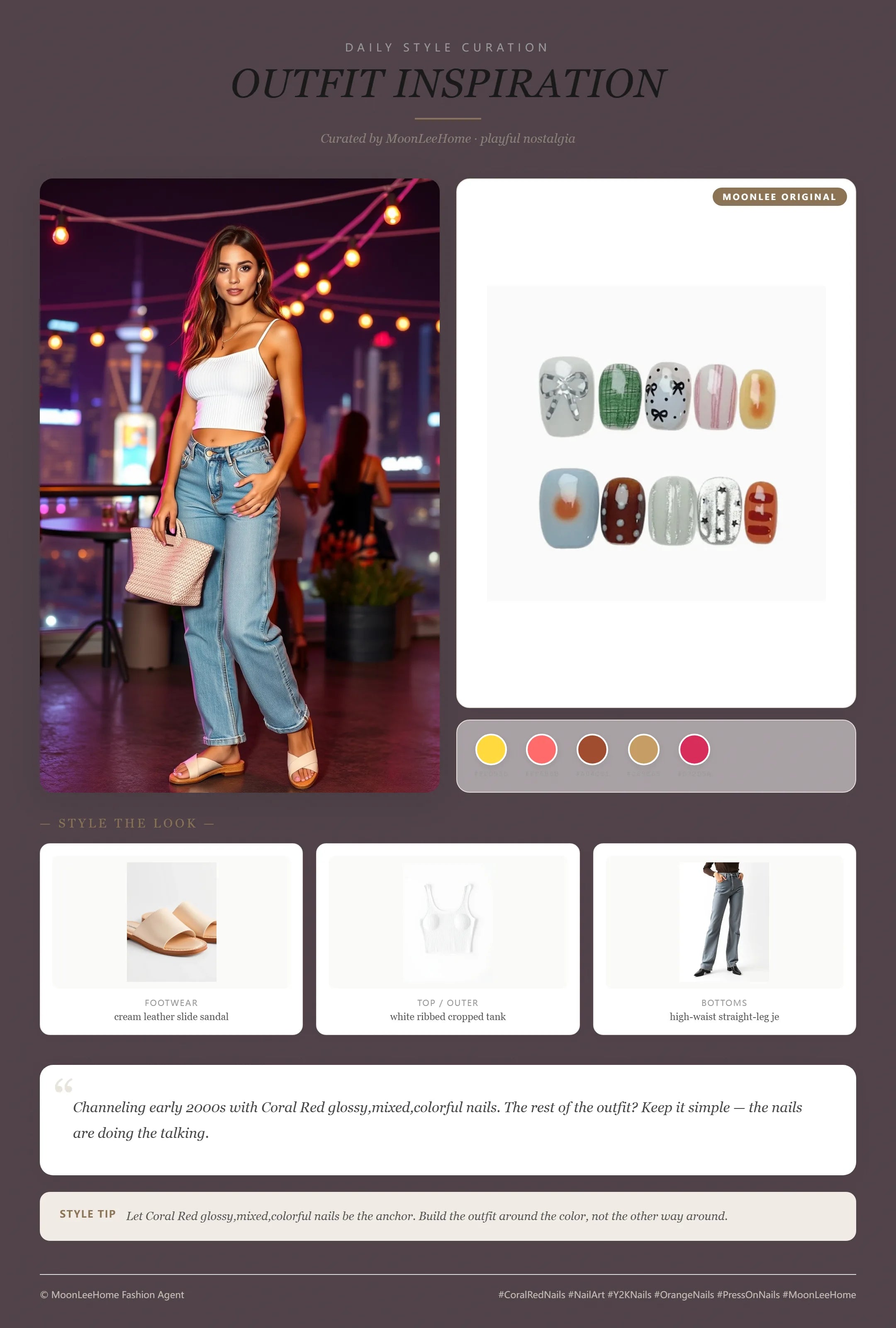 MOONLEE Rainbow Candy Press-On Nails — mixed colorful Y2K finish — paired with white ribbed crop tank, high-waist straight-leg jeans, cream slide sandals and blush woven tote, party outfit inspiration