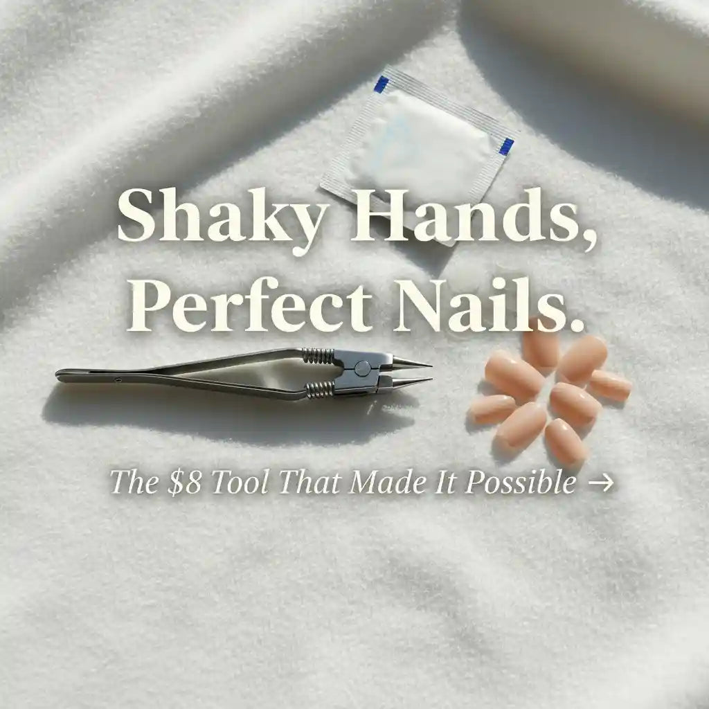 Silver hackle plier next to short round nude press-on nails and jelly tabs on a white surface — the $8 tool for shaky hands and limited dexterity, MOONLEE