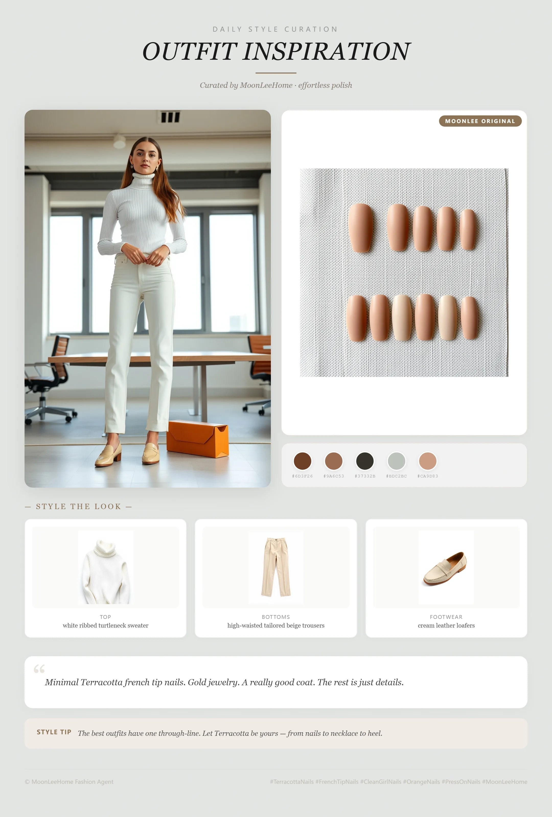 MOONLEE Terracotta × Peach Clean Girl Press-On Nails paired with white ribbed turtleneck sweater, high-waisted tailored beige trousers, cream leather loafers fashion inspiration card