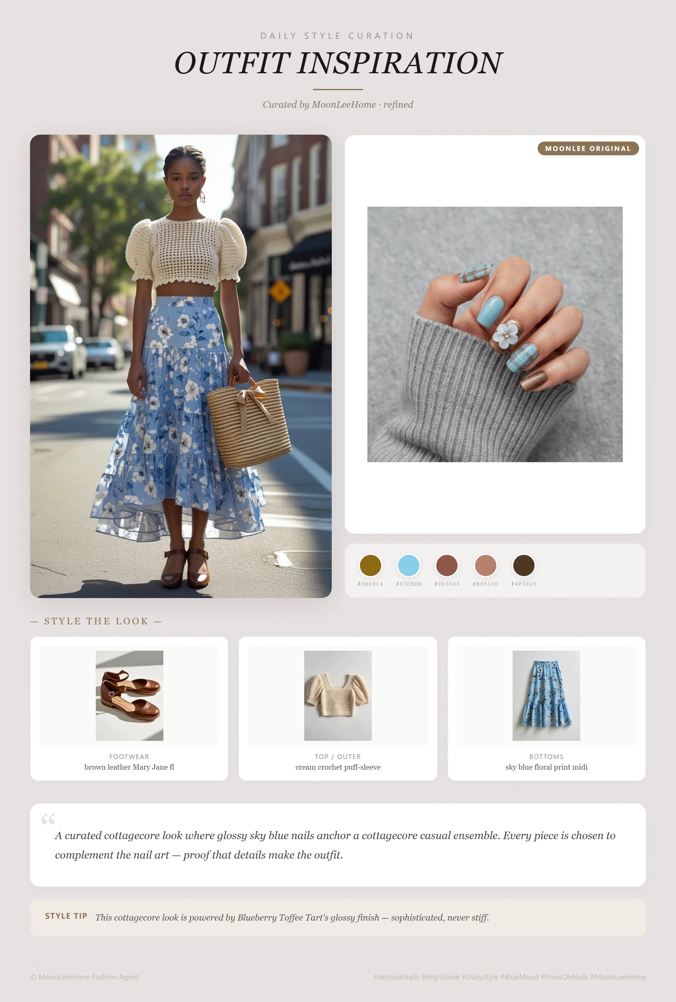 MOONLEE Blueberry Toffee Tart cottagecore nails paired with cream crochet puff-sleeve top, sky blue floral midi skirt, brown Mary Jane flats and woven straw tote — weekend outfit inspiration