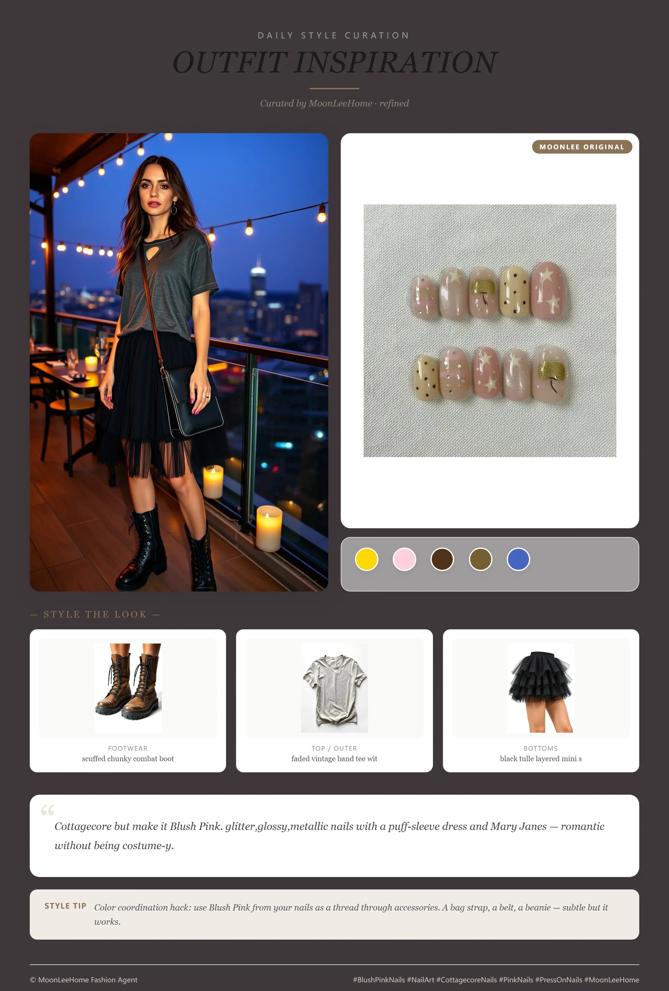 MOONLEE Blush Pink × Gold Romantic Press-On Nails paired with faded vintage band tee with cut collar, black tulle layered mini skirt, scuffed chunky combat boots, worn-in black leather crossbody fashion inspiration card