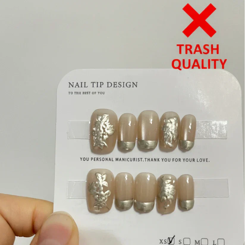Cheap press-on nail quality comparison - visible sprues and blurry pattern vs MOONLEE quality - MOONLEE