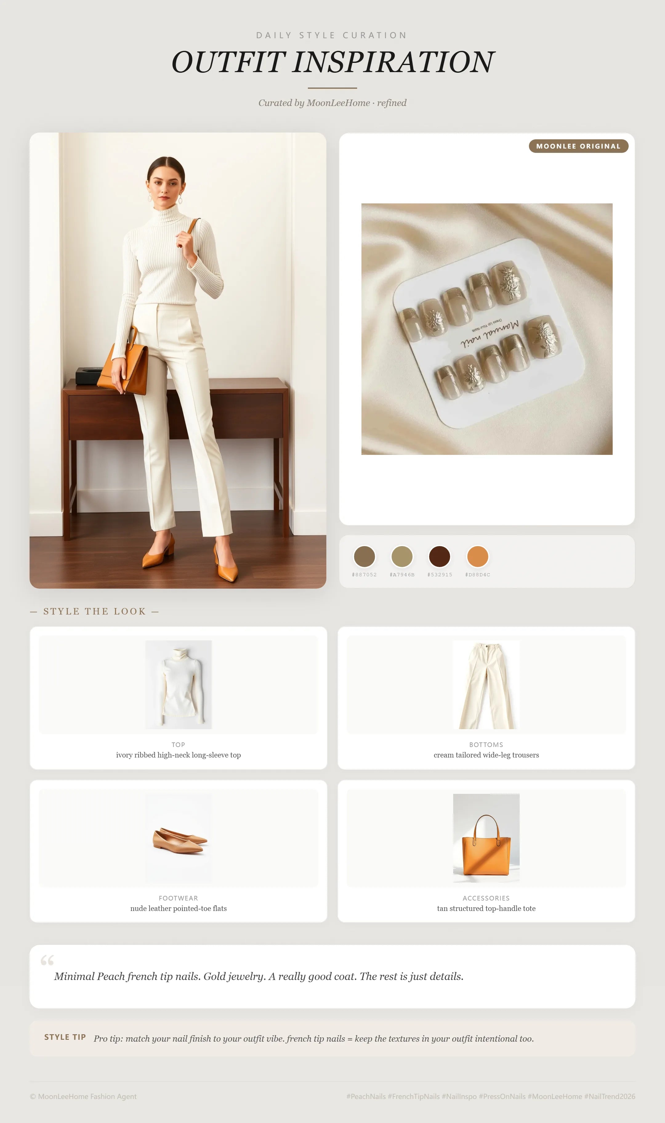 MOONLEE Vanilla Pearl Parfait Press-On Nails paired with ivory ribbed high-neck long-sleeve top, cream tailored wide-leg trousers, nude leather pointed-toe flats, tan structured top-handle tote — office outfit inspiration