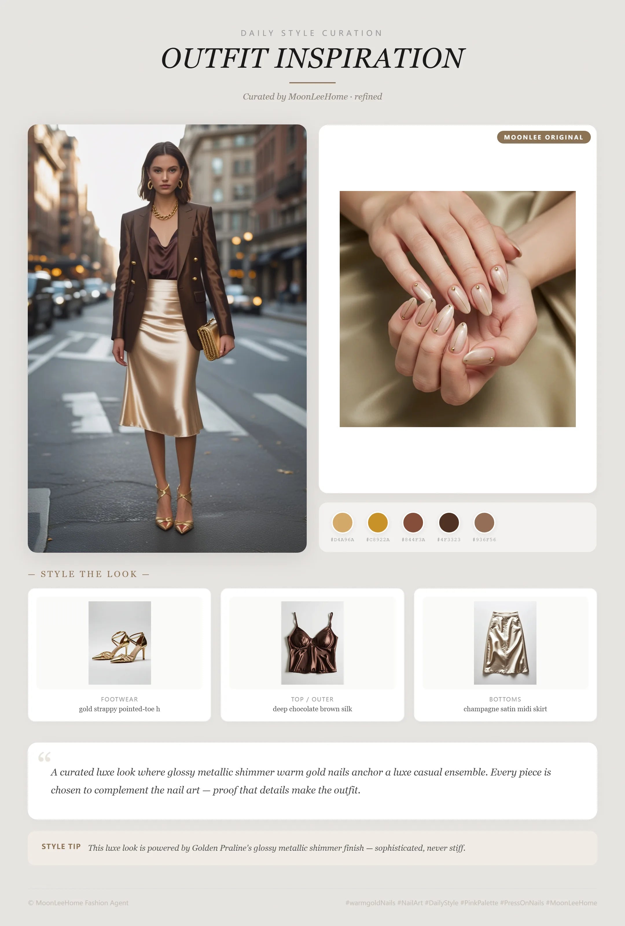 MOONLEE warm gold × caramel brown Luxe Press-On Nails paired with deep chocolate brown silk camisole for date night, camel tailored blazer with gold button detail, champagne satin midi skirt, gold strappy pointed-toe heels fashion inspiration card