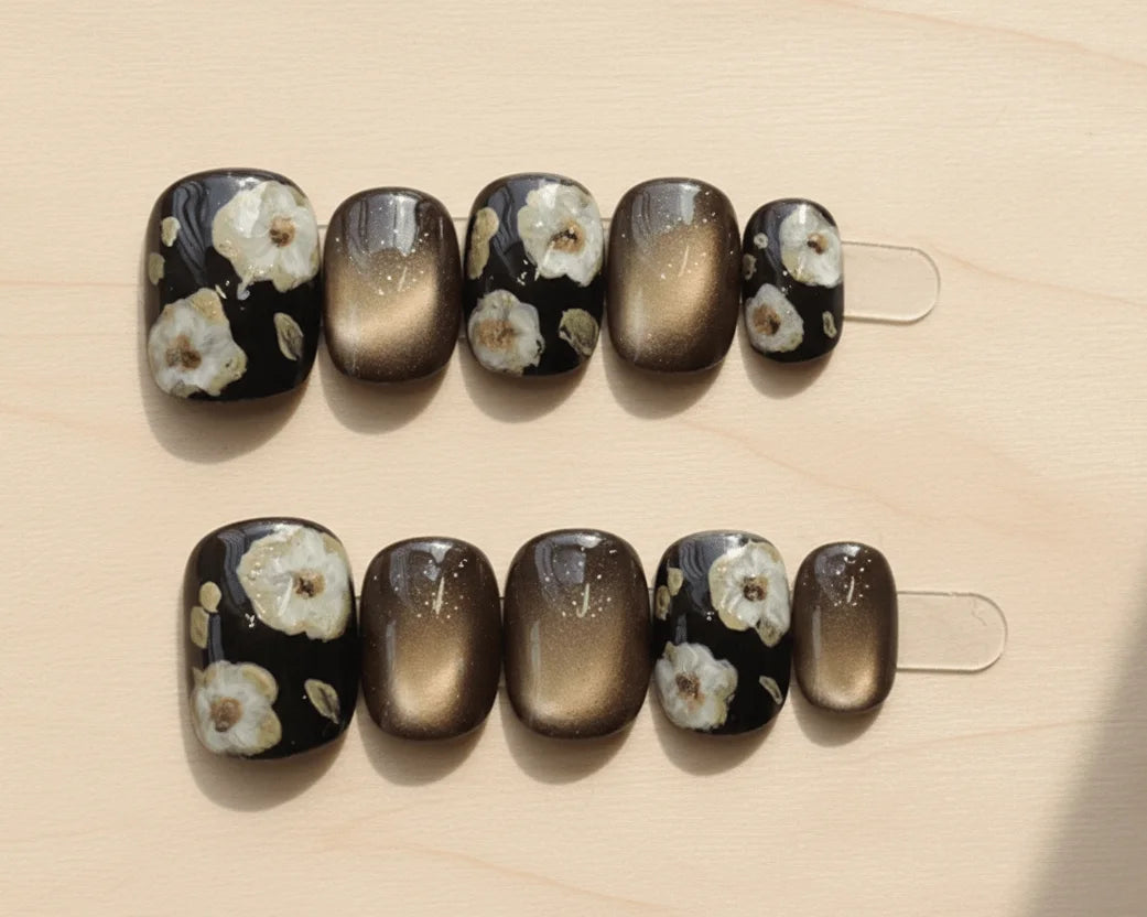 Mocha Cream Blossom - Press On Nails - MOONLEE