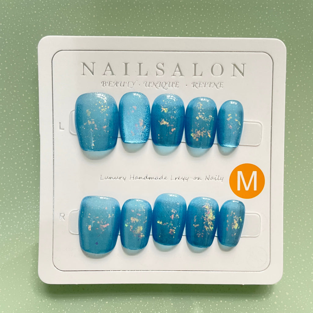 MOONLEE Blue Sorbet 10-piece press-on nail set display - holographic iridescent