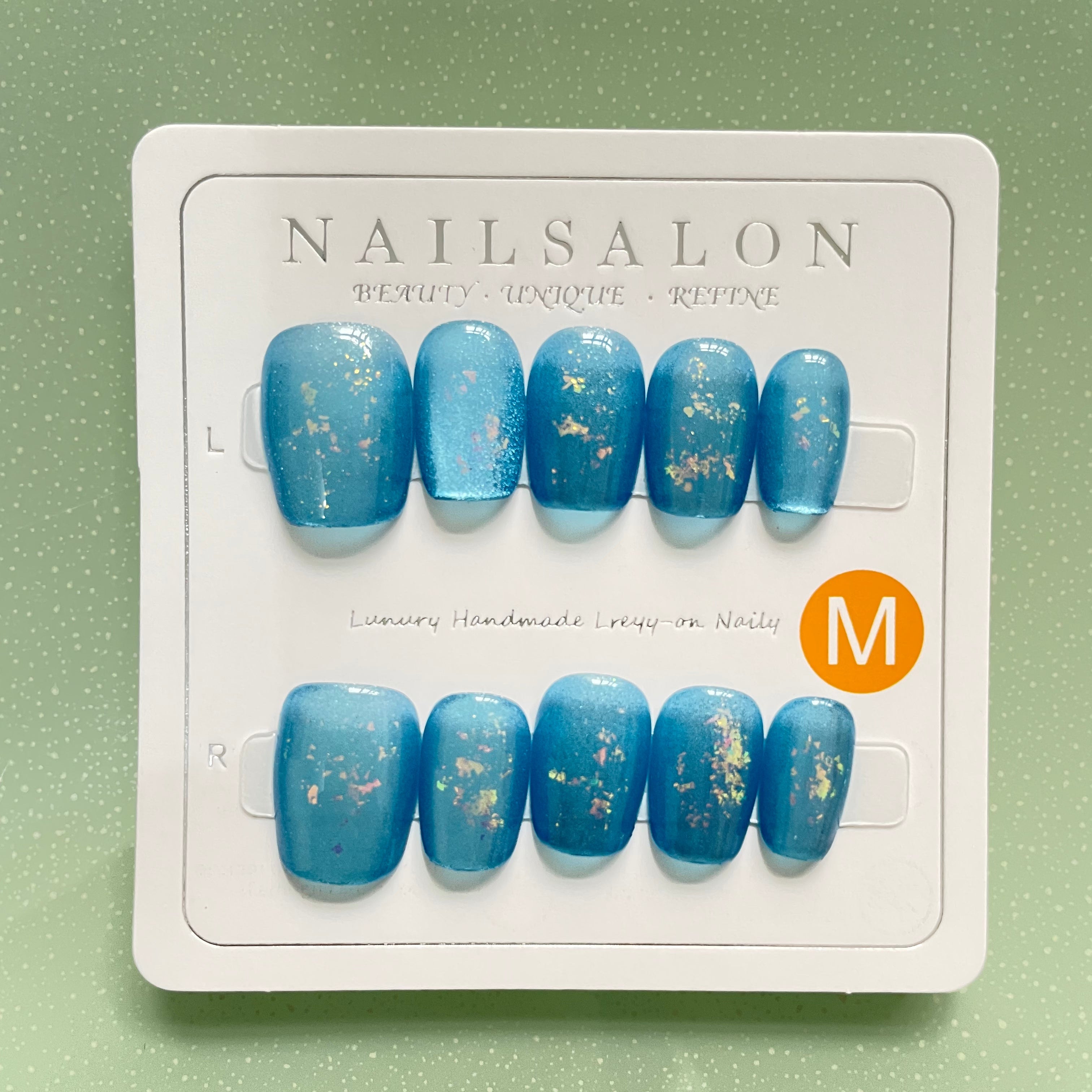 MOONLEE Blue Sorbet 10-piece press-on nail set display - holographic iridescent