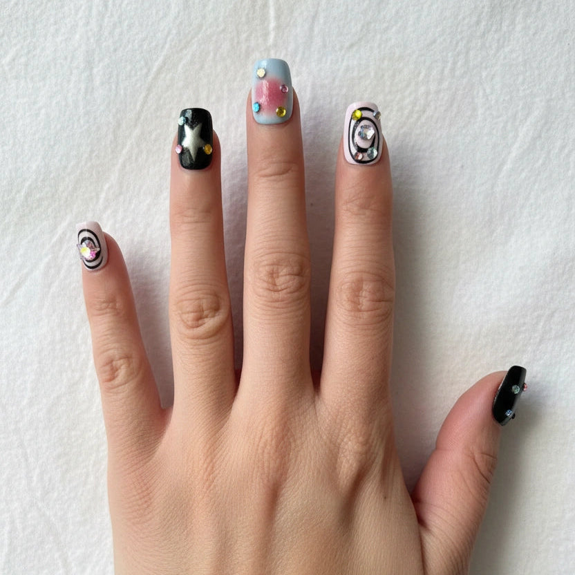 Cosmic Dark Star Press On Nails – Chrome Spiral & Rhinestone Detail | MOONLEE