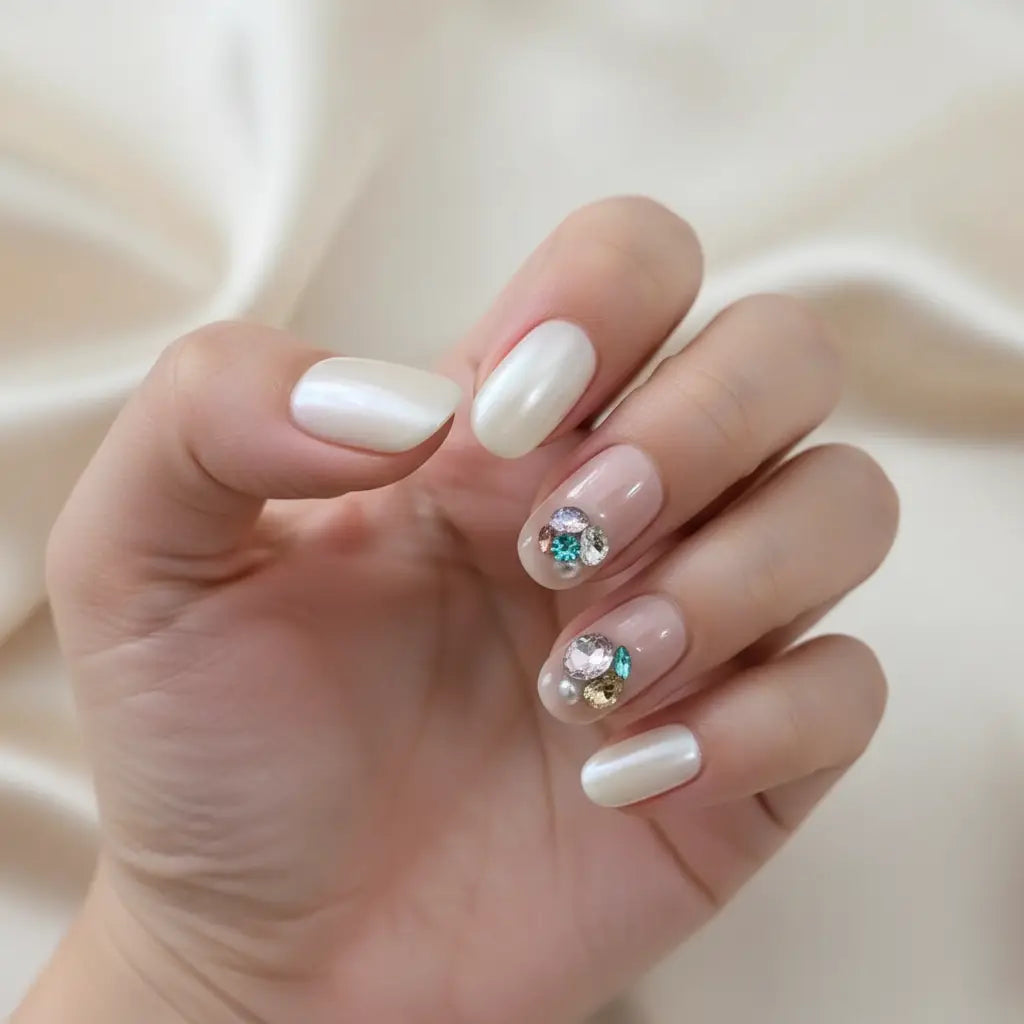Close-up of a hand wearing Gemstone Glow handmade press-on nails — pearlescent white nails on thumb, middle, and pinky fingers; sheer nude

