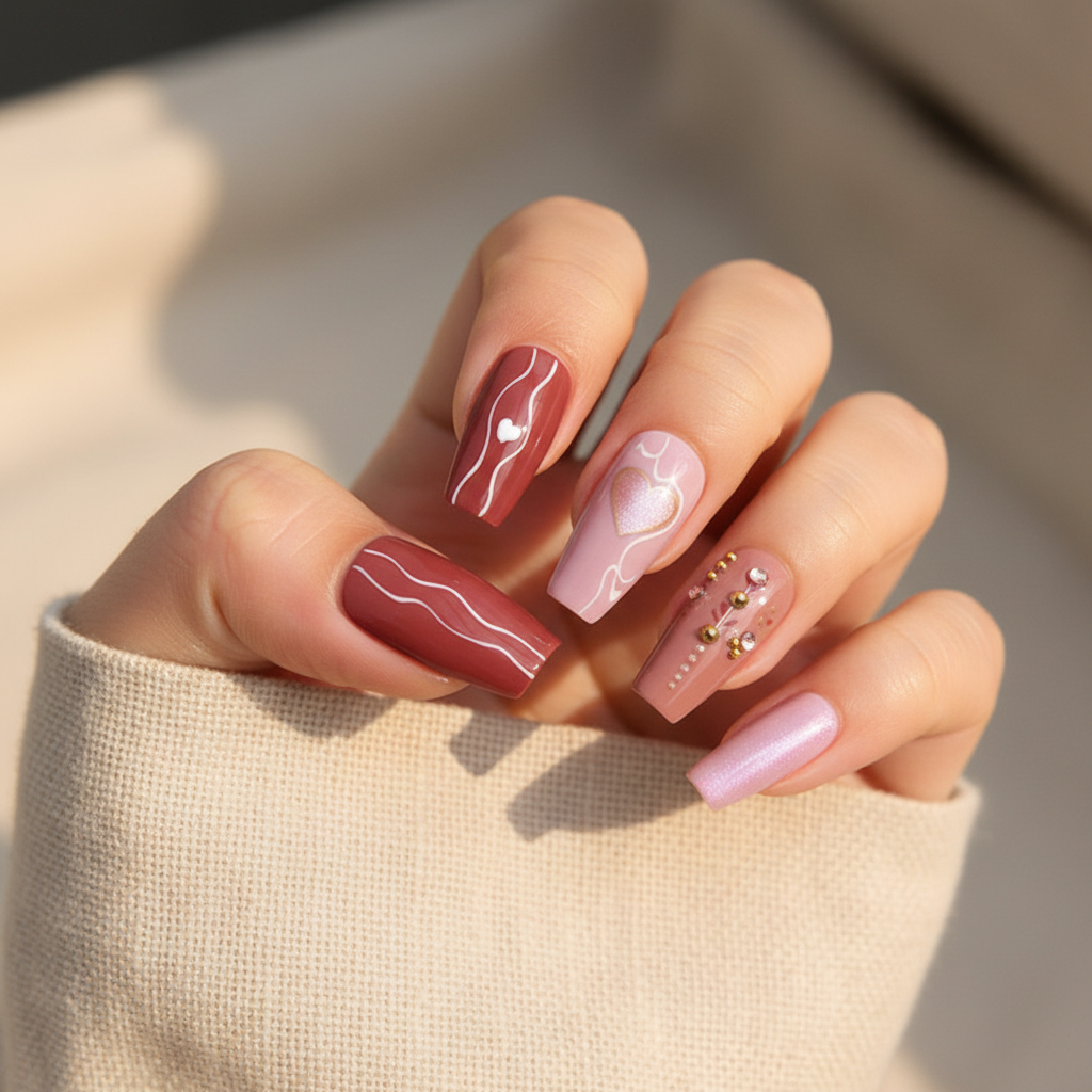 MOONLEE Rose Wine press-on nails - light skin tone pink rose heart design