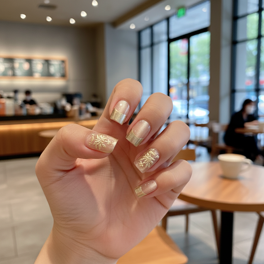 MOONLEE Vanilla Pearl Parfait press-on nails - olive skin tone cafe scene