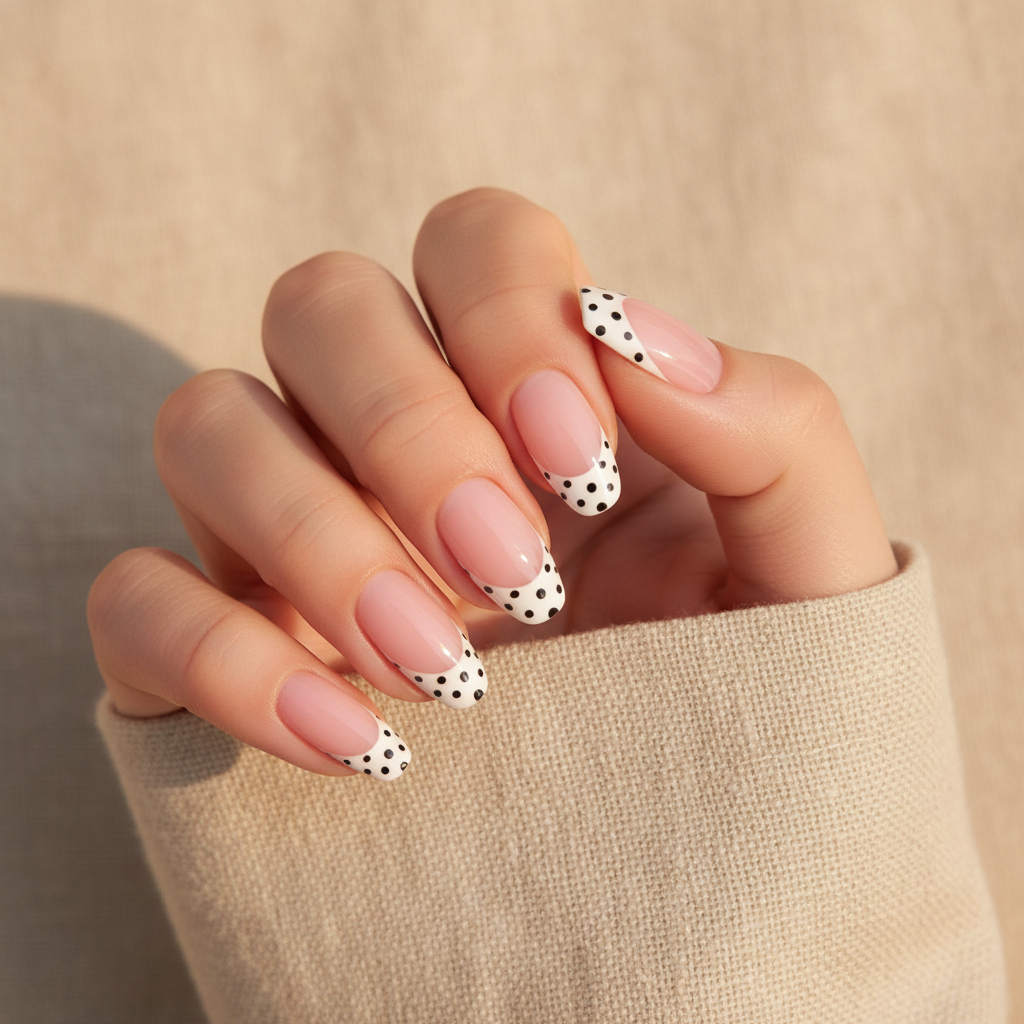 MOONLEE Cookies and Cream press-on nails - light skin tone black white polka dot