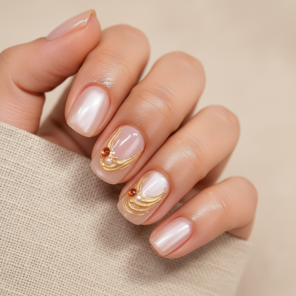 MOONLEE Peach Panna Cotta short round press-on nails - light skin tone nude champagne