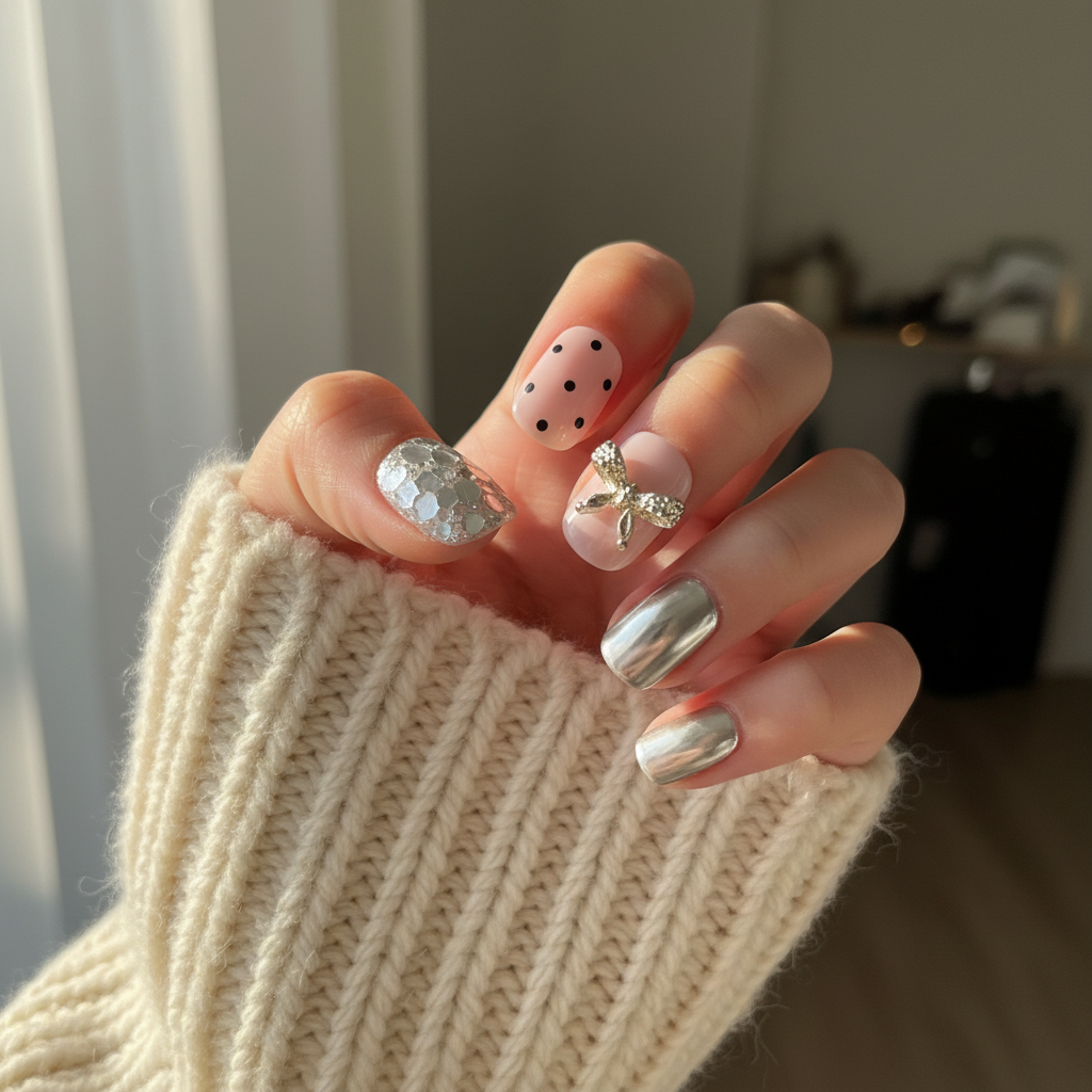 MOONLEE Pink Sugar Truffle short squoval press-on nails - light skin tone knit background