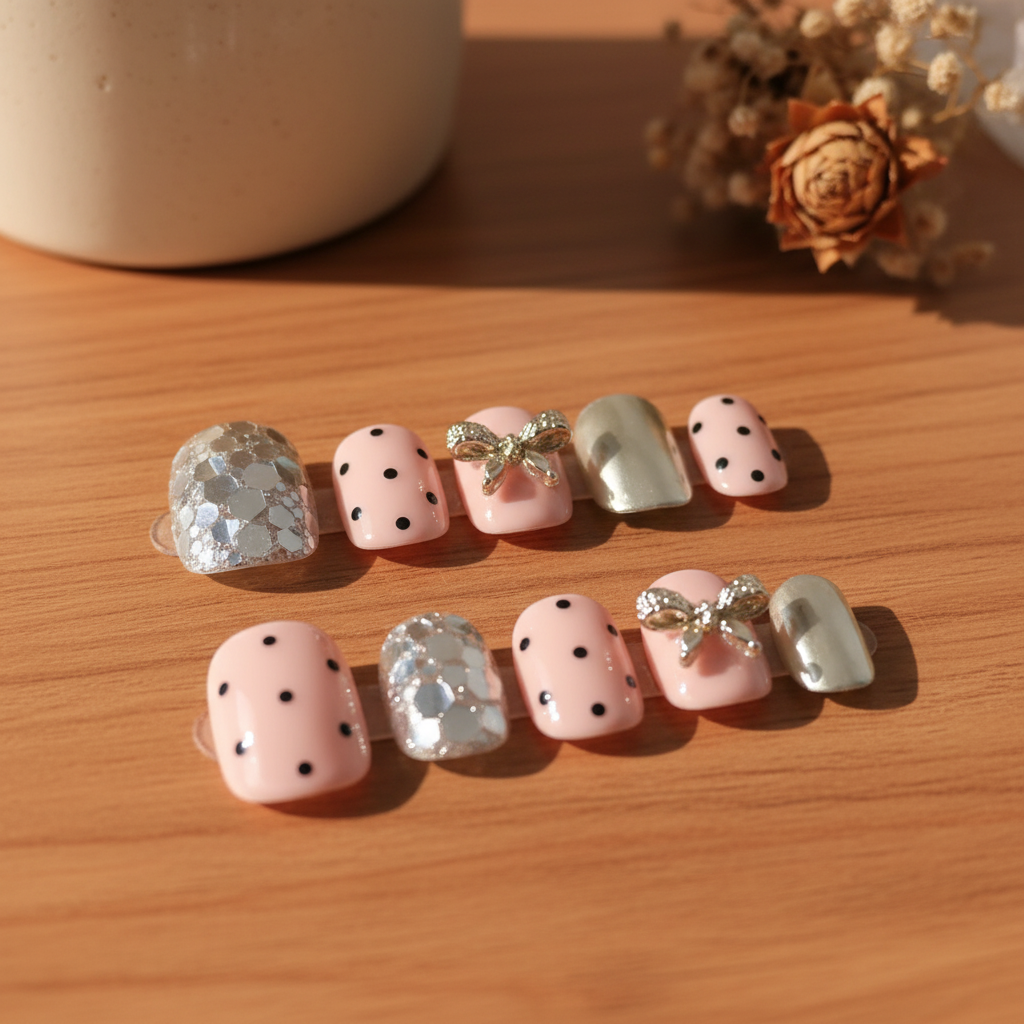 MOONLEE Pink Sugar Truffle 10-piece press-on nail set display - 3D bow glitter