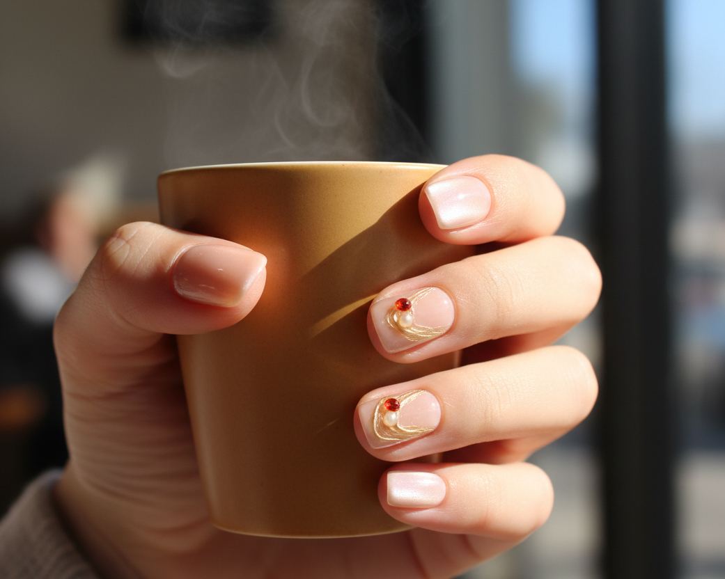 MOONLEE Peach Panna Cotta press-on nails - light skin tone cafe scene