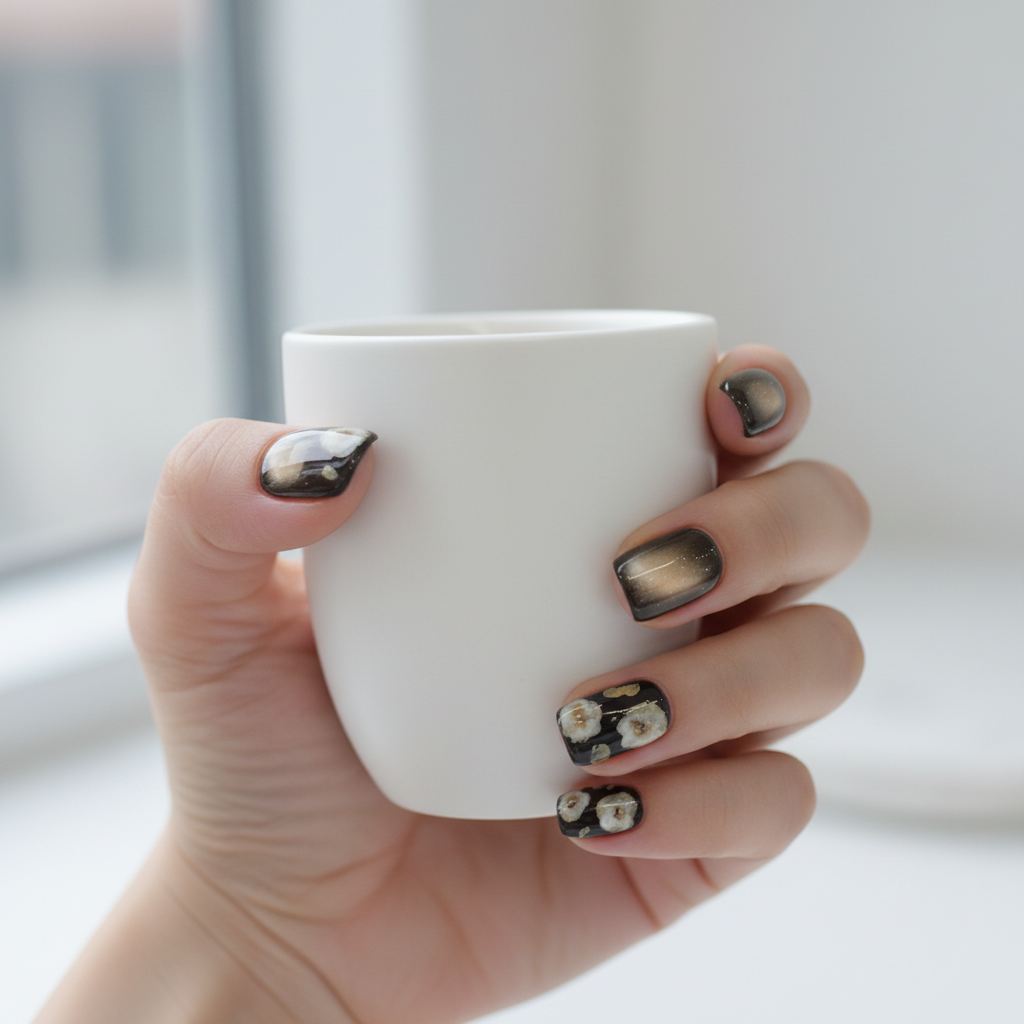 MOONLEE Mocha Cream Blossom press-on nails - light skin tone bright scene